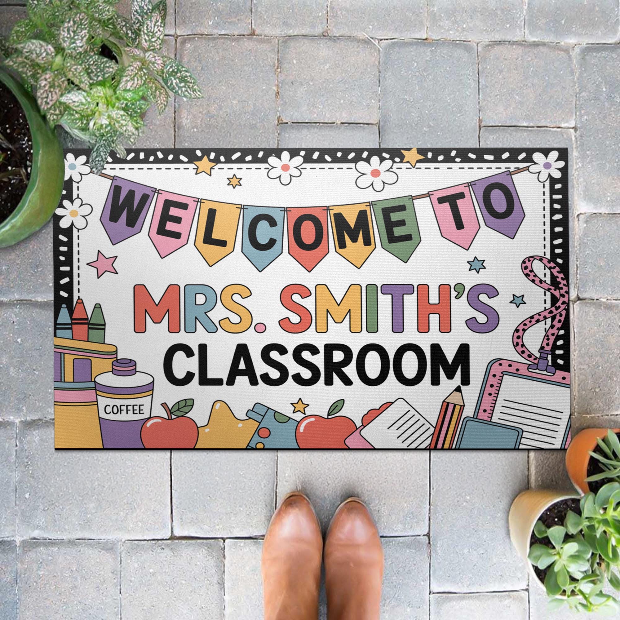 Personalized Teacher Doormat, Fun Classroom Welcome Mat with Banners, Crayons, Name, Custom School Decor for Educators, Back To School Decor
