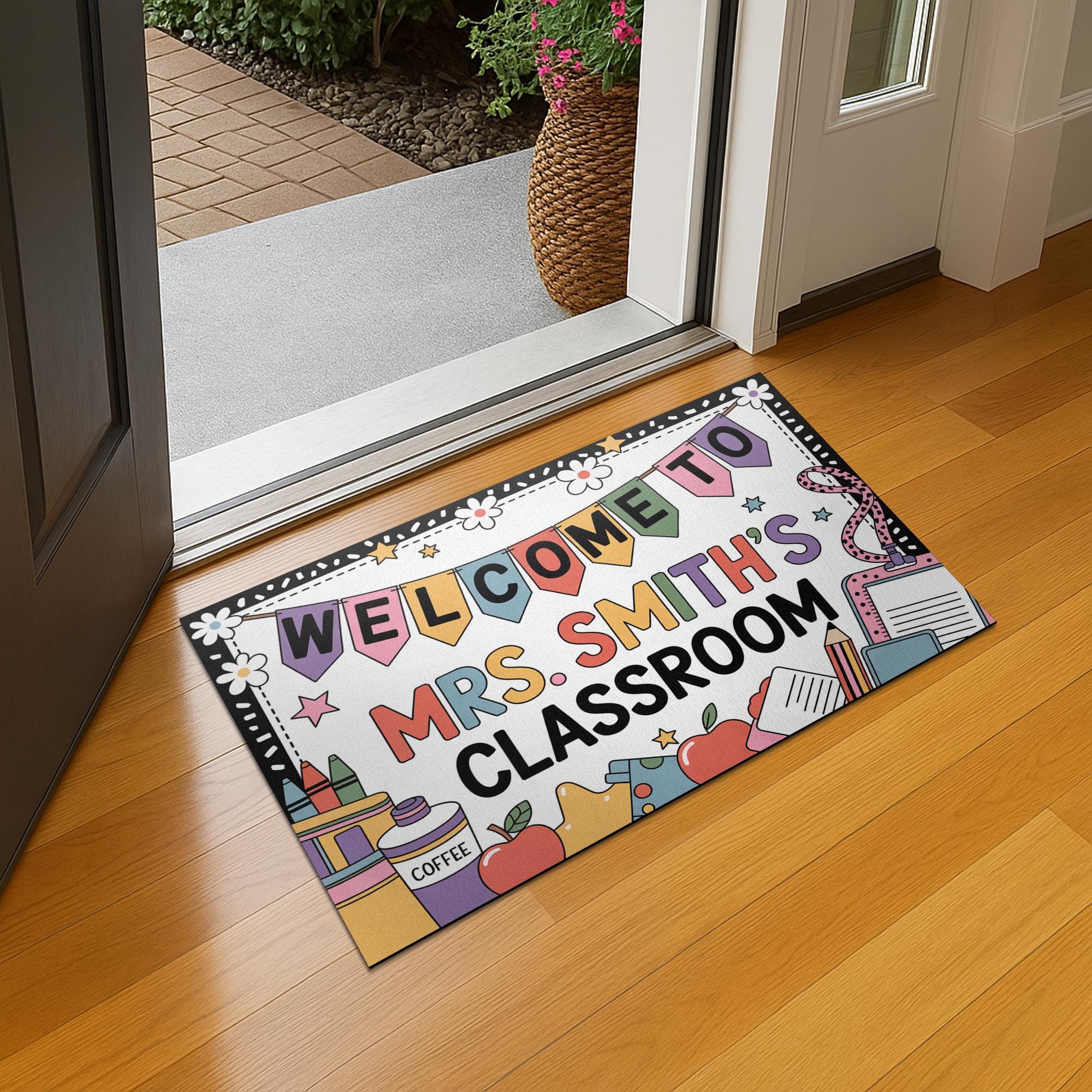 Personalized Teacher Doormat, Fun Classroom Welcome Mat with Banners, Crayons, Name, Custom School Decor for Educators, Back To School Decor