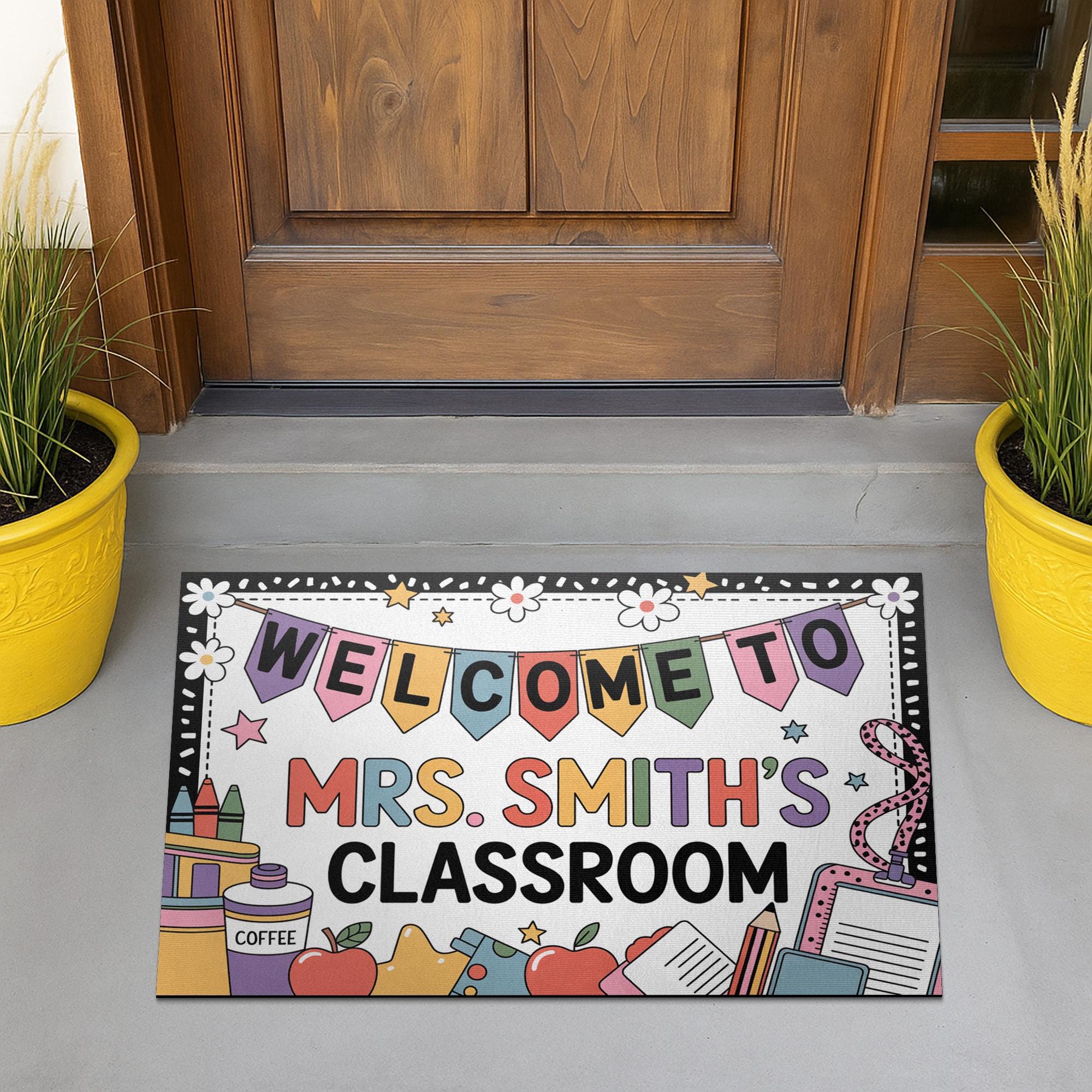 Personalized Teacher Doormat, Fun Classroom Welcome Mat with Banners, Crayons, Name, Custom School Decor for Educators, Back To School Decor