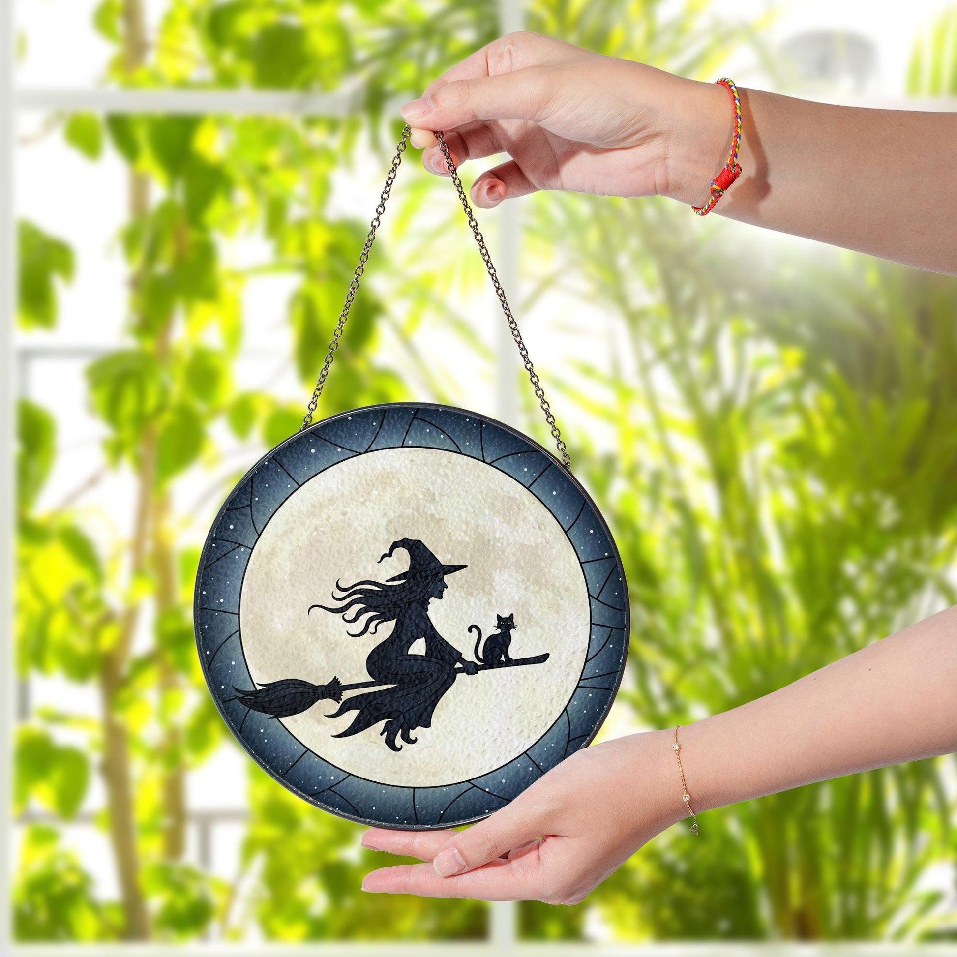 Witch and Cat Stained Glass Suncatcher, Halloween Window Hanging, Flying Witch on Broom Silhouette, Gothic Round Wall Art Decor