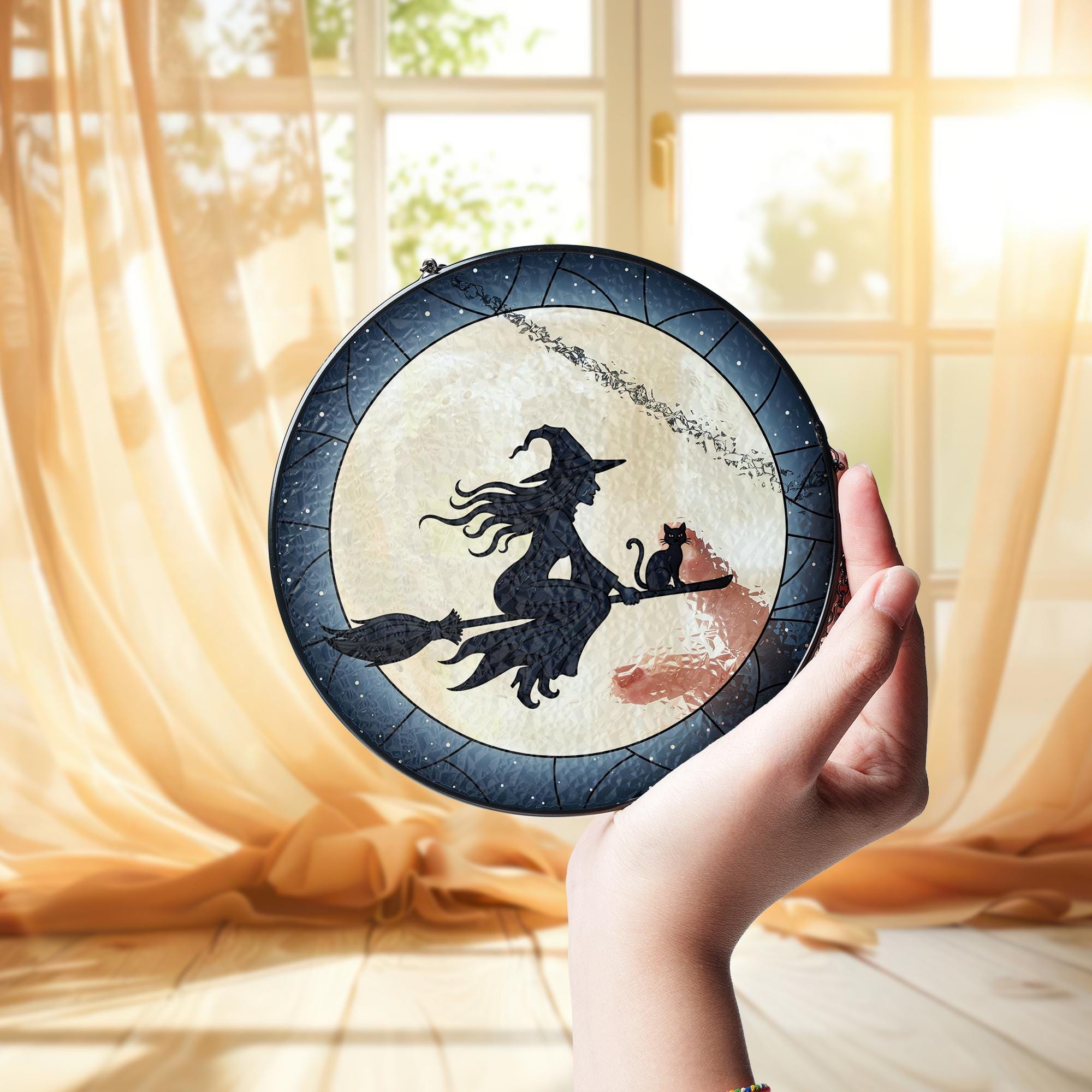 Witch and Cat Stained Glass Suncatcher, Halloween Window Hanging, Flying Witch on Broom Silhouette, Gothic Round Wall Art Decor