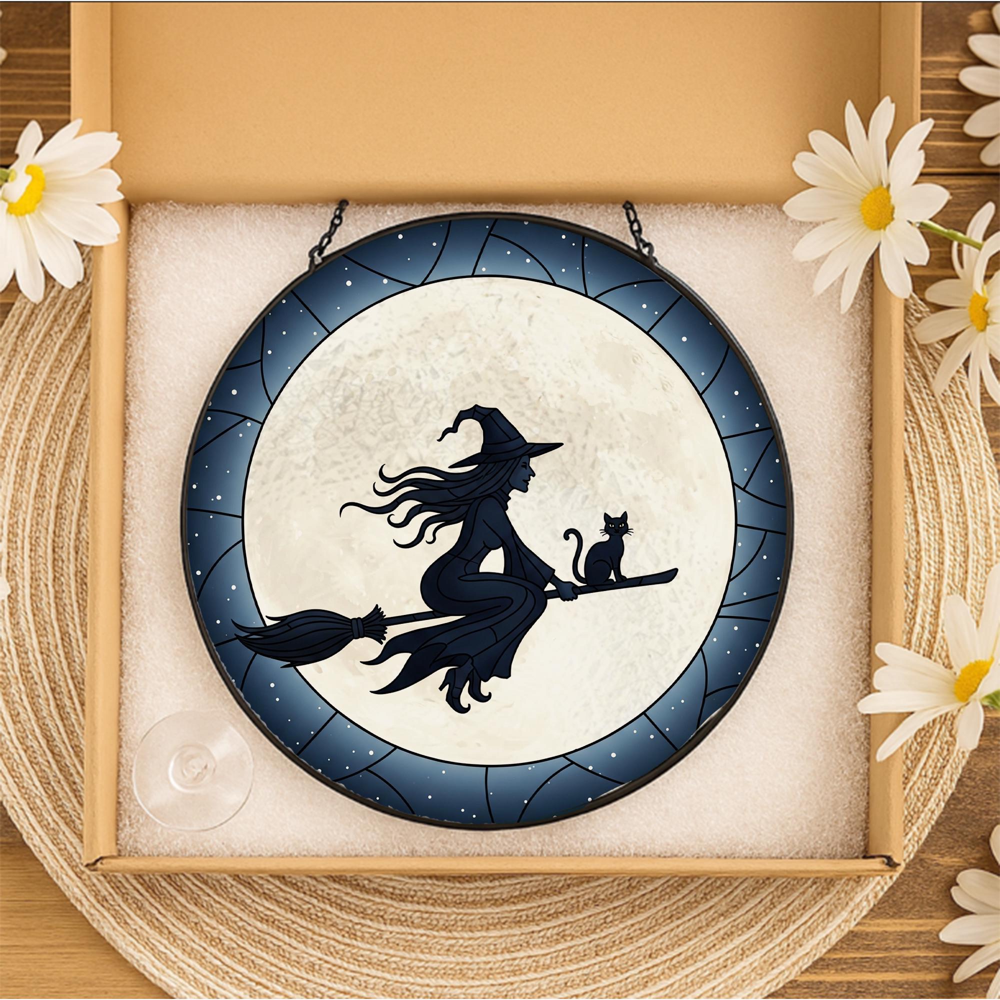 Witch and Cat Stained Glass Suncatcher, Halloween Window Hanging, Flying Witch on Broom Silhouette, Gothic Round Wall Art Decor