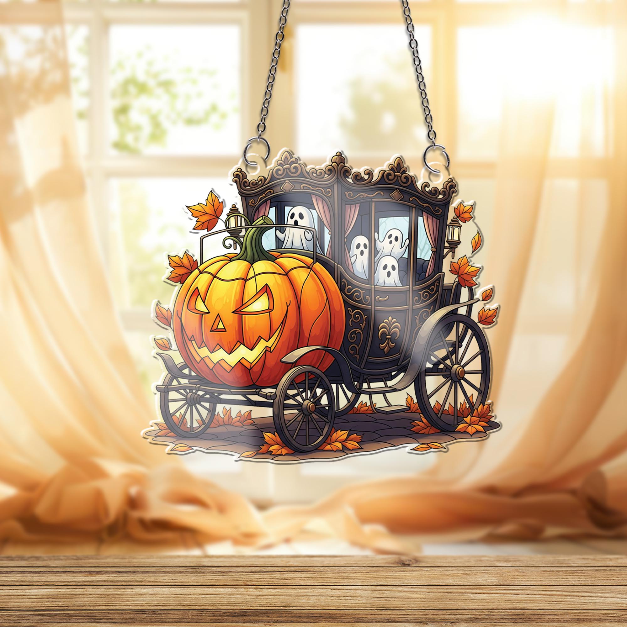 Spooky Pumpkin Carriage ornament , Ghost Halloween Decoration, Gothic Jack O' Lantern Hearse, Creepy Cute Window Hanging Ornament