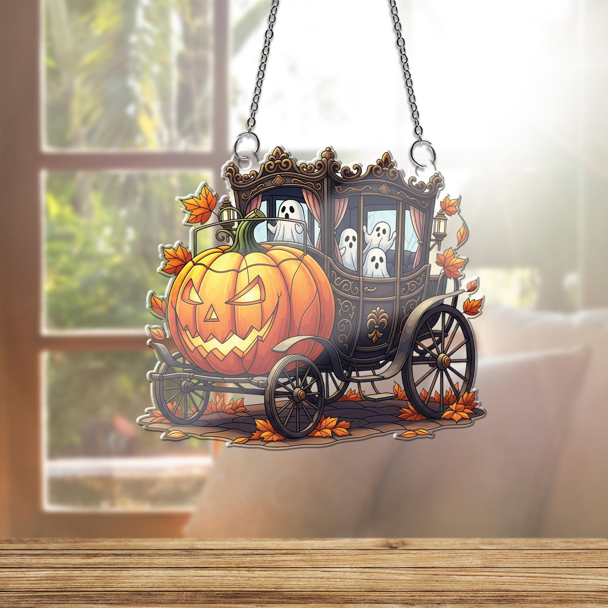 Spooky Pumpkin Carriage ornament , Ghost Halloween Decoration, Gothic Jack O' Lantern Hearse, Creepy Cute Window Hanging Ornament