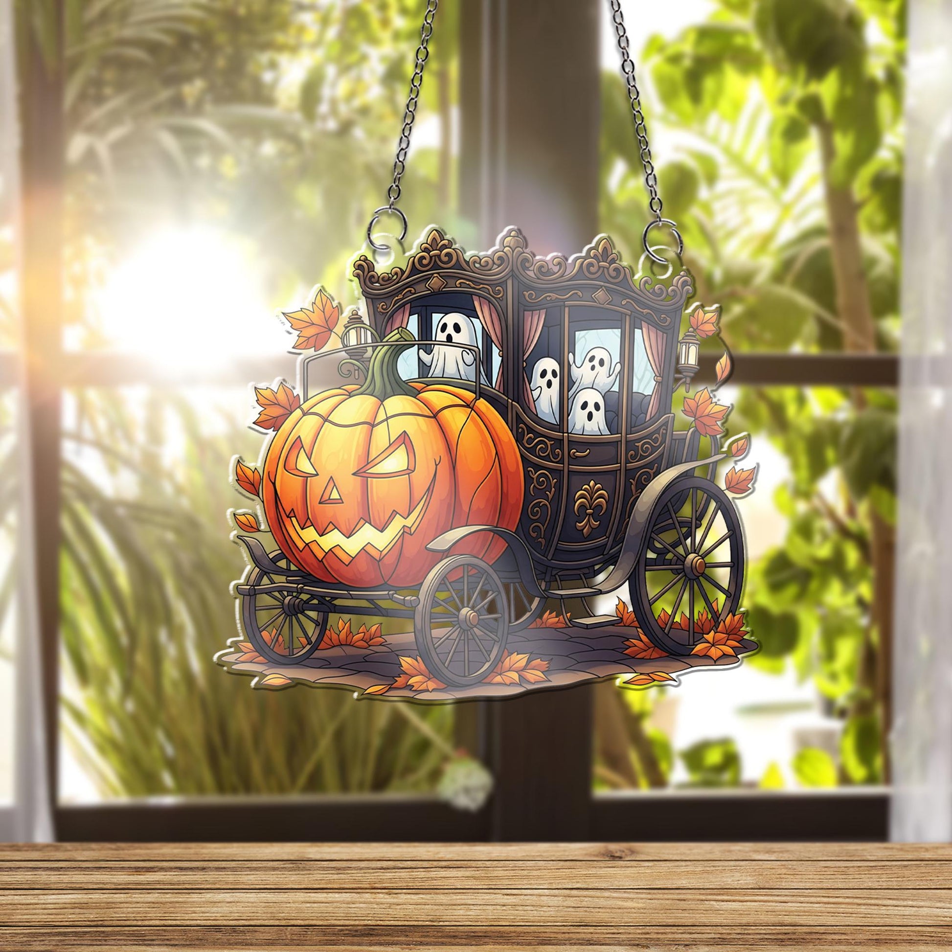 Spooky Pumpkin Carriage ornament , Ghost Halloween Decoration, Gothic Jack O' Lantern Hearse, Creepy Cute Window Hanging Ornament