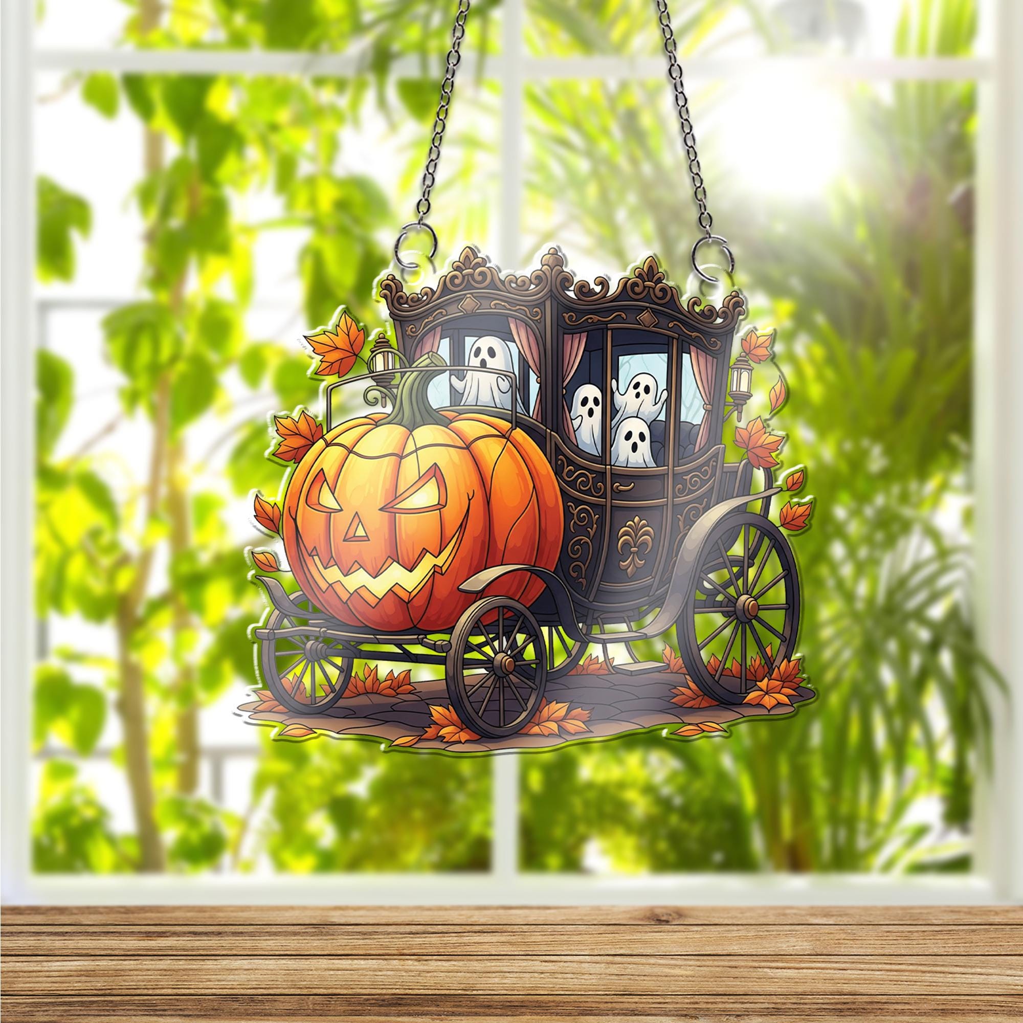 Spooky Pumpkin Carriage ornament , Ghost Halloween Decoration, Gothic Jack O' Lantern Hearse, Creepy Cute Window Hanging Ornament