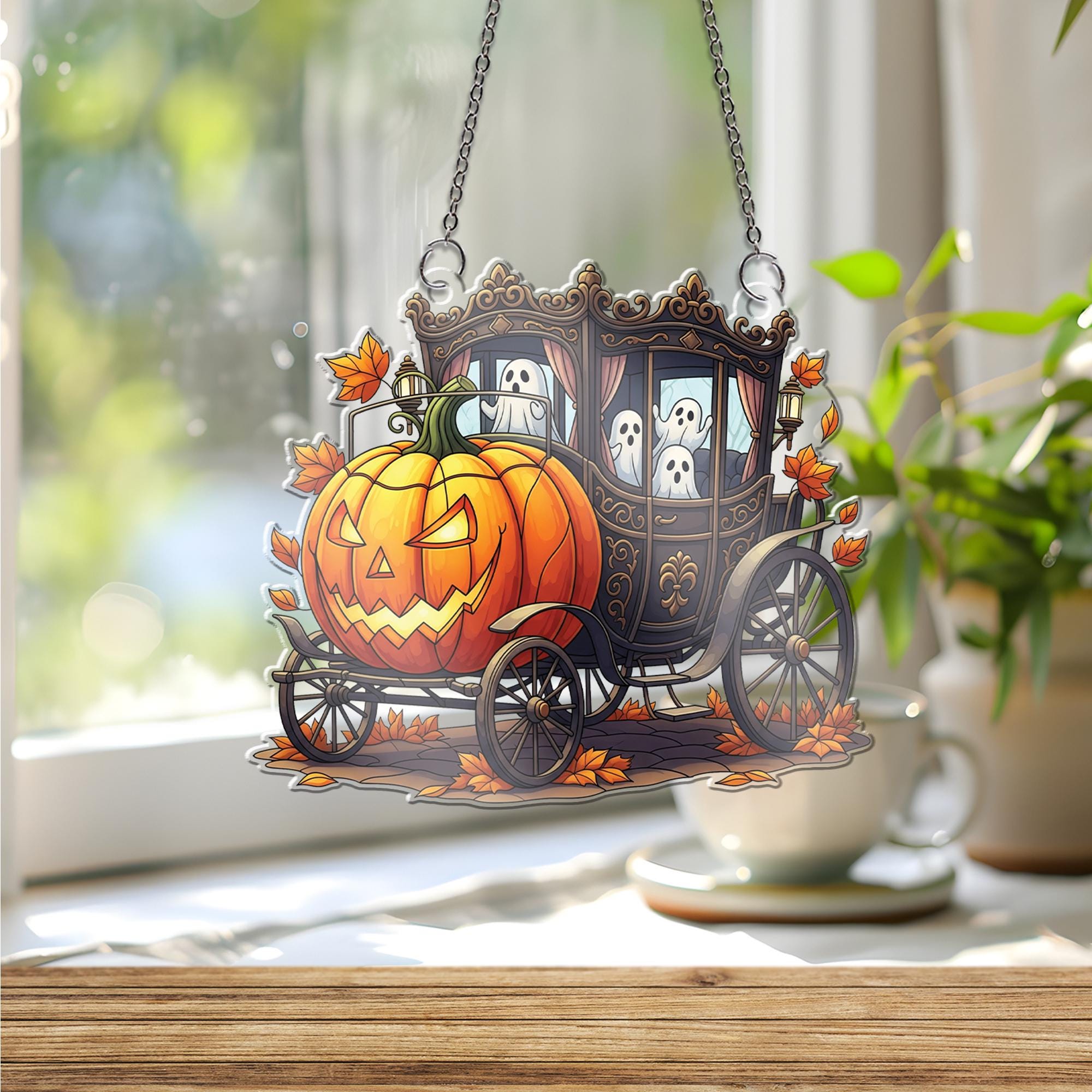 Spooky Pumpkin Carriage ornament , Ghost Halloween Decoration, Gothic Jack O' Lantern Hearse, Creepy Cute Window Hanging Ornament