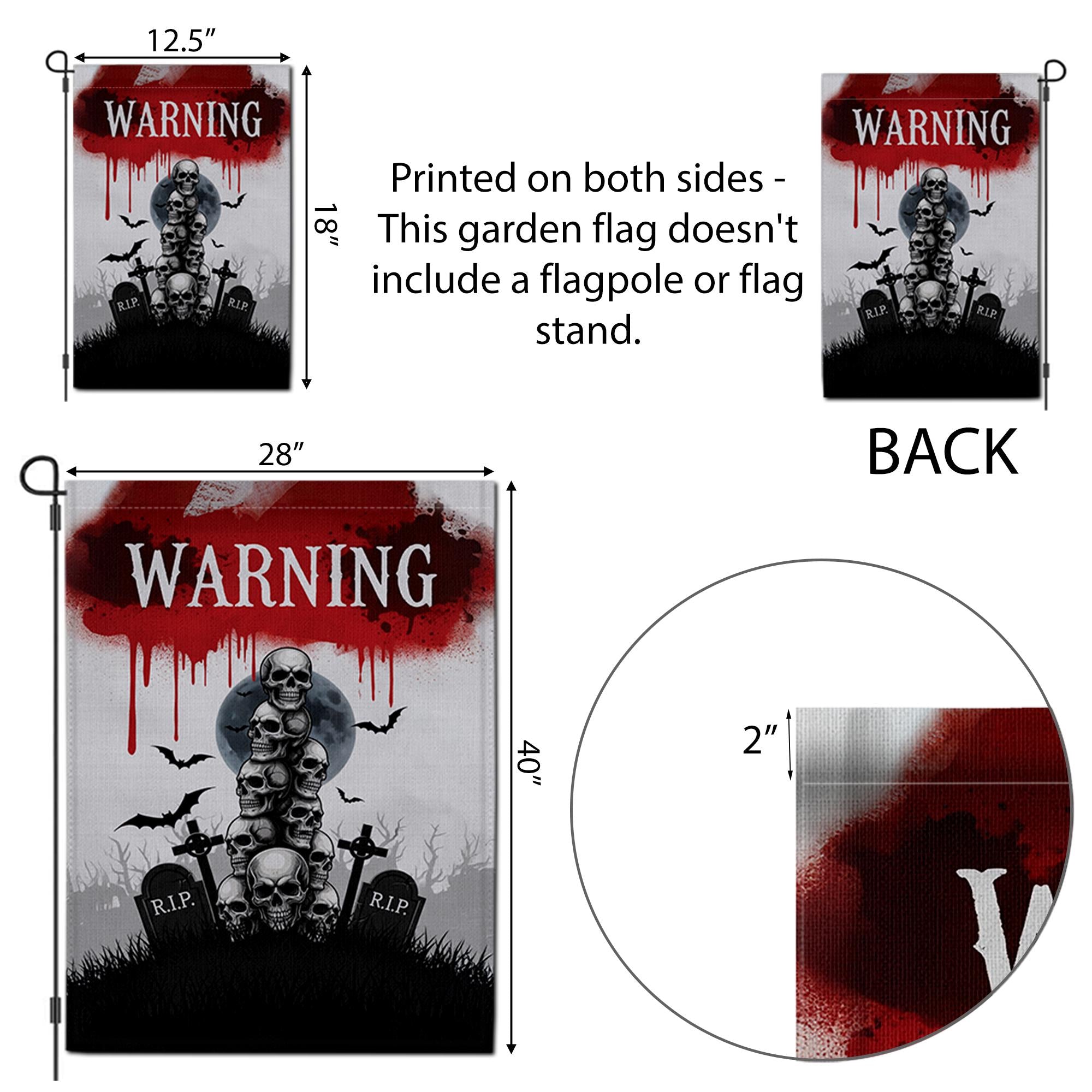 Warning Skull Garden Flag – Creepy Halloween Outdoor Decor with Graveyard, Bats & Blood for Yard, Lawn or Haunted House Display