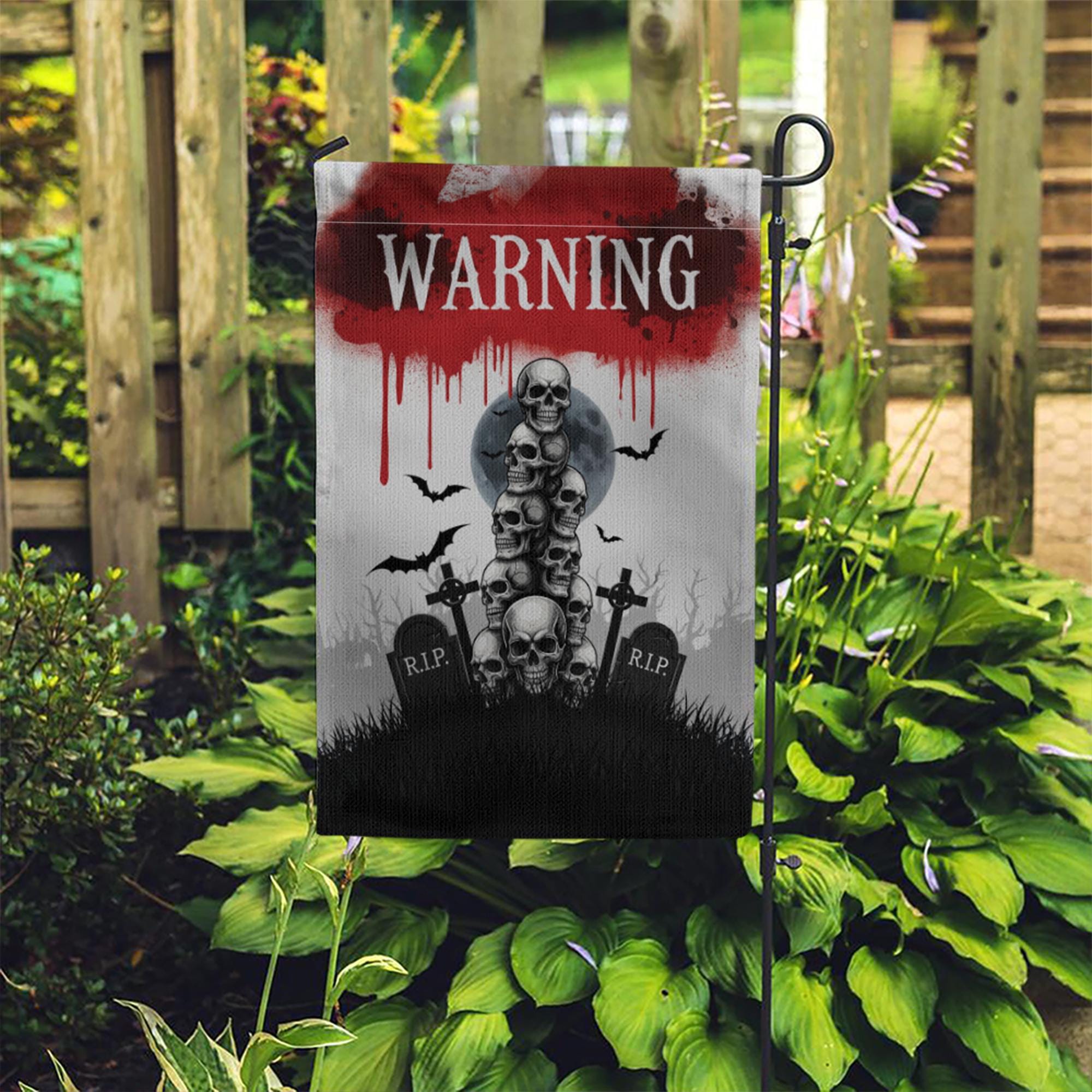 Warning Skull Garden Flag – Creepy Halloween Outdoor Decor with Graveyard, Bats & Blood for Yard, Lawn or Haunted House Display