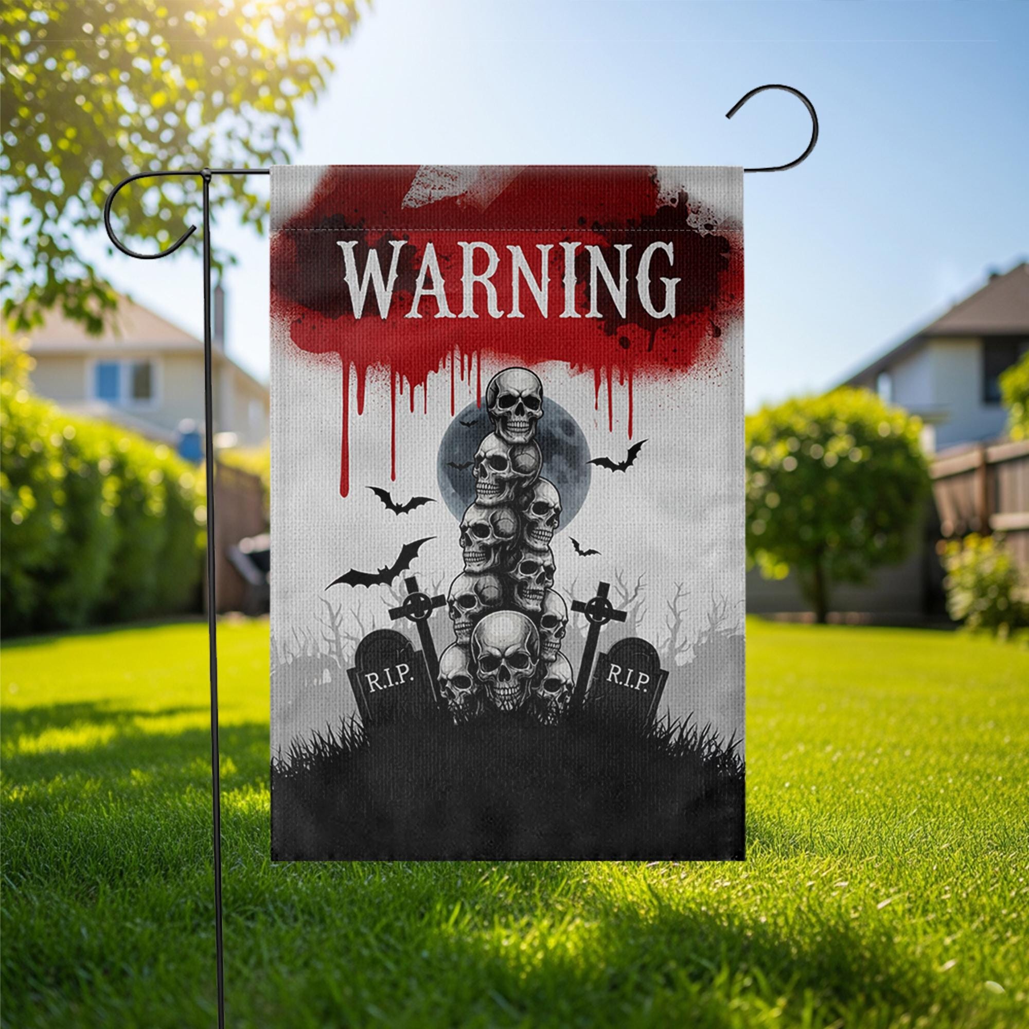 Warning Skull Garden Flag – Creepy Halloween Outdoor Decor with Graveyard, Bats & Blood for Yard, Lawn or Haunted House Display