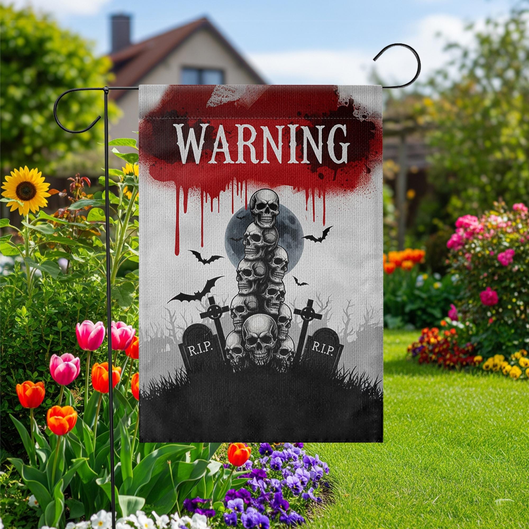 Warning Skull Garden Flag – Creepy Halloween Outdoor Decor with Graveyard, Bats & Blood for Yard, Lawn or Haunted House Display