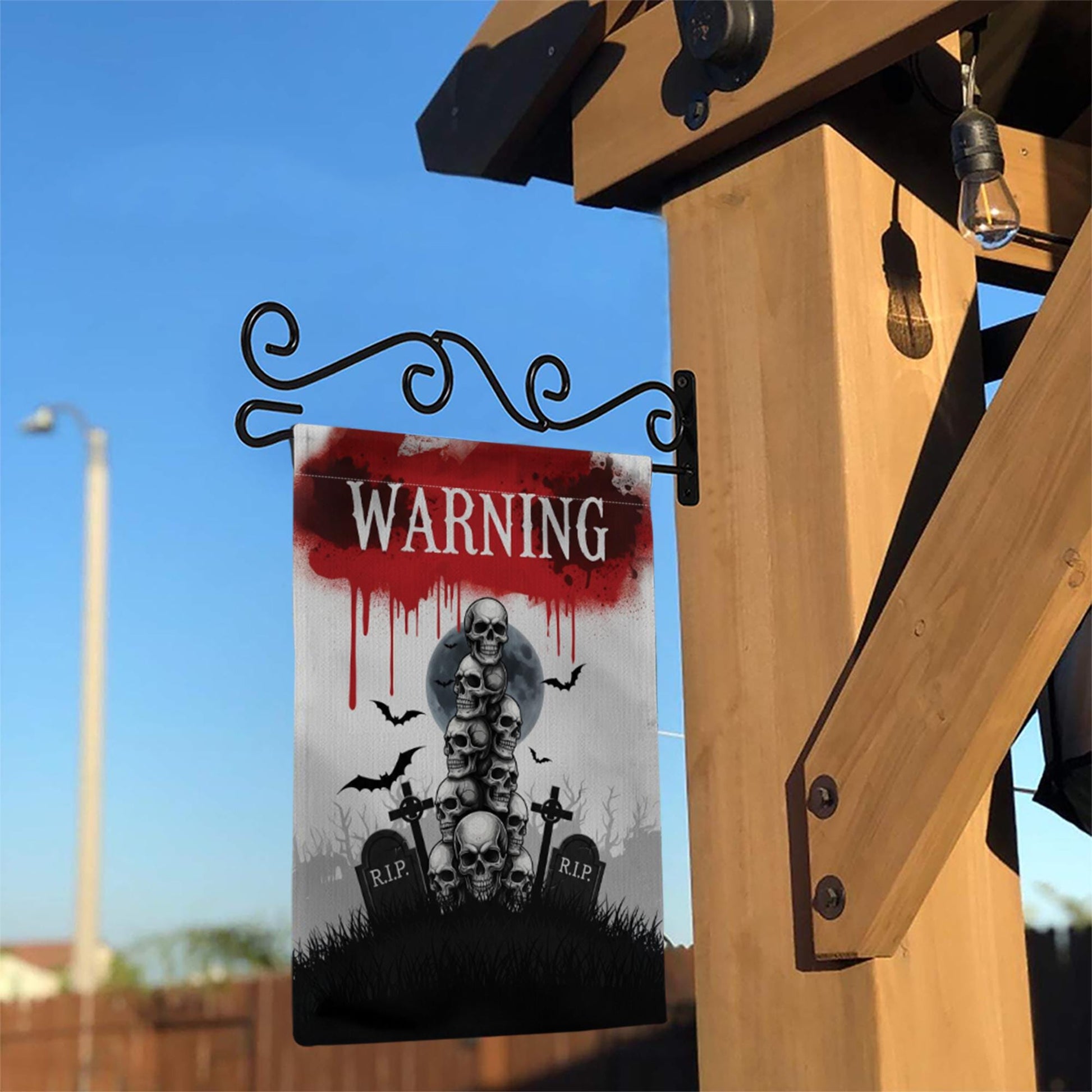 Warning Skull Garden Flag – Creepy Halloween Outdoor Decor with Graveyard, Bats & Blood for Yard, Lawn or Haunted House Display