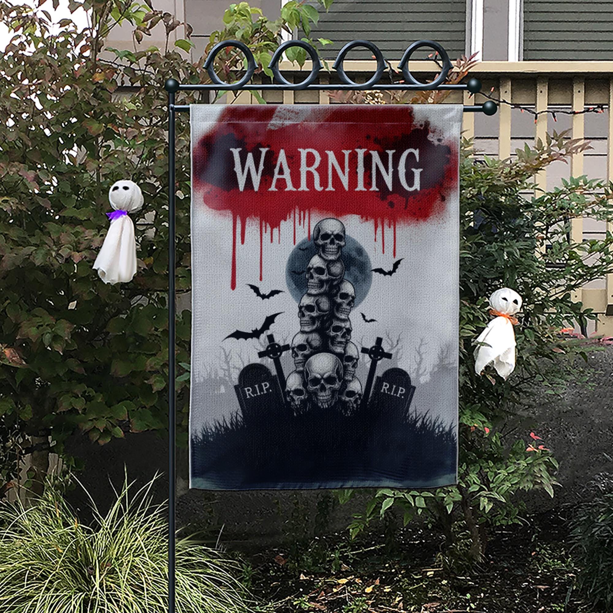 Warning Skull Garden Flag – Creepy Halloween Outdoor Decor with Graveyard, Bats & Blood for Yard, Lawn or Haunted House Display