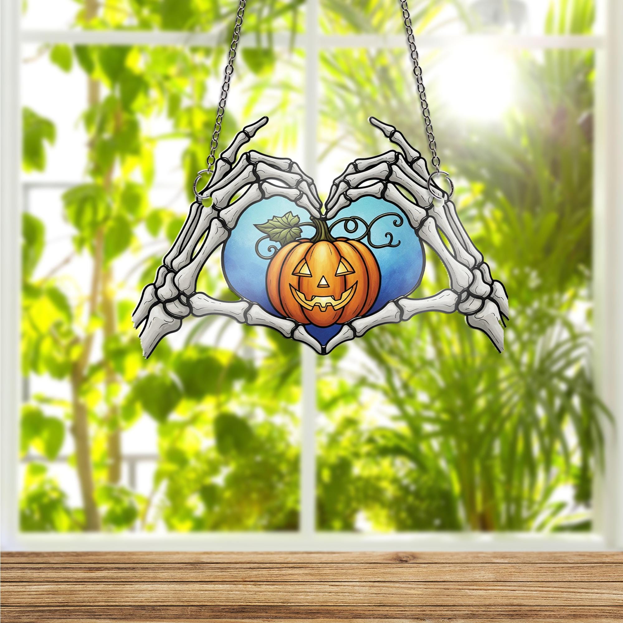 Skeleton Hands Heart Ornament , Jack O' Lantern Window Hanging, Creepy Cute Pumpkin Decor, Gothic Romance Halloween Wall Art