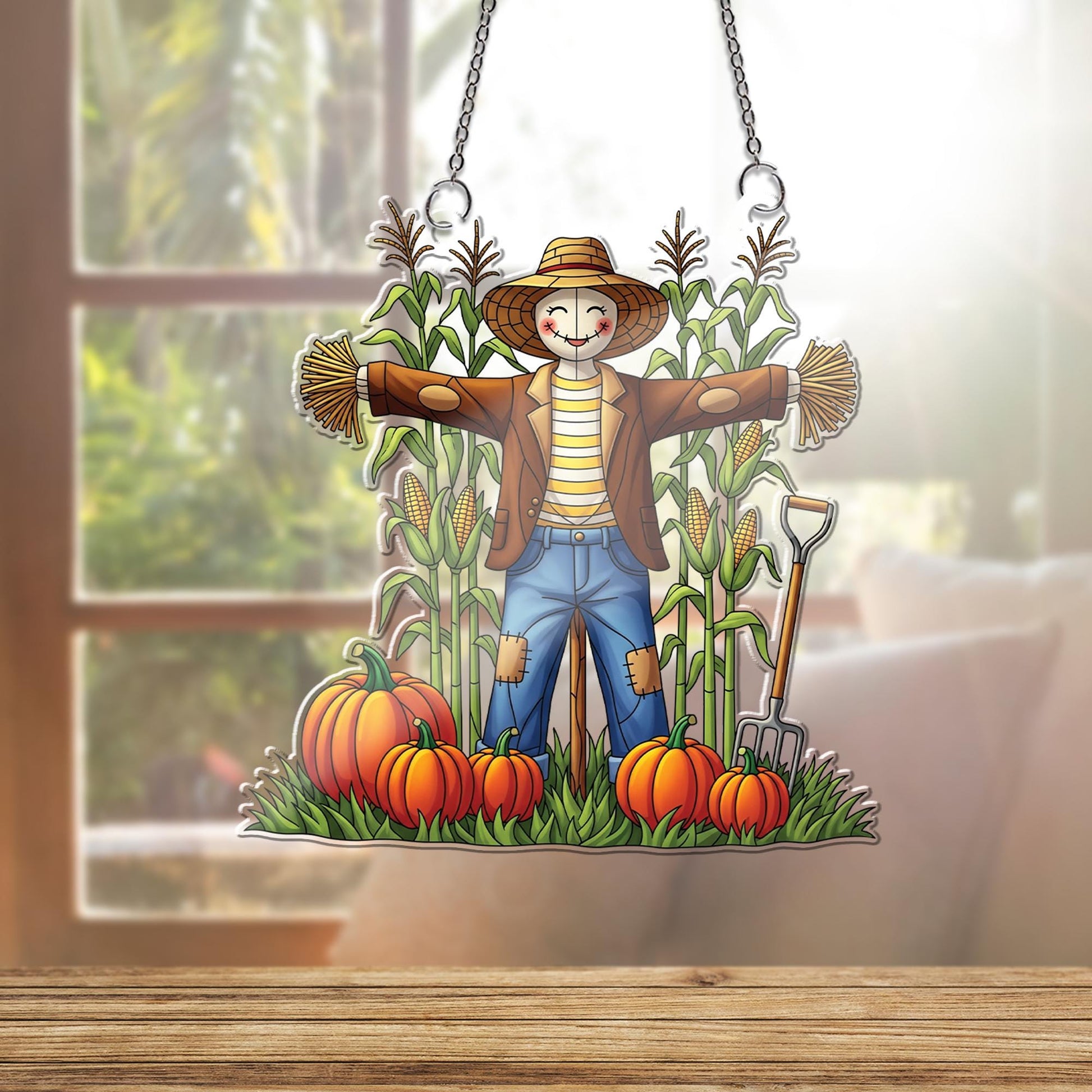 Fall Scarecrow ornament , Autumn Harvest Window Hanging, Cute Pumpkin Patch Decoration, Farmhouse Thanksgiving Wall Art
