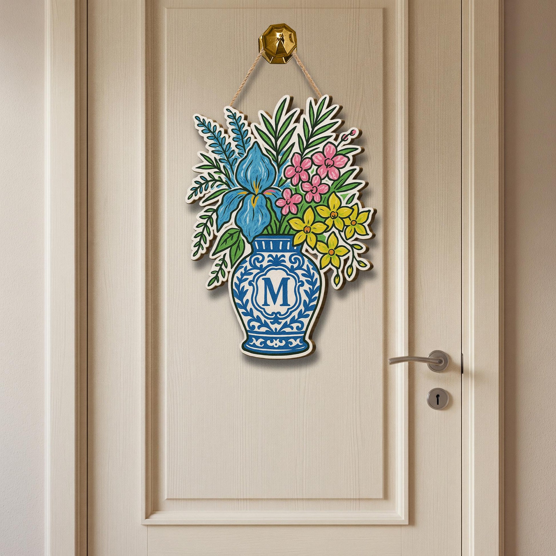 Personalized Floral Door Hanger | Monogram Blue Chinoiserie Vase Door Decor | Custom Spring Front Door Sign | Chinoiserie Style Welcome