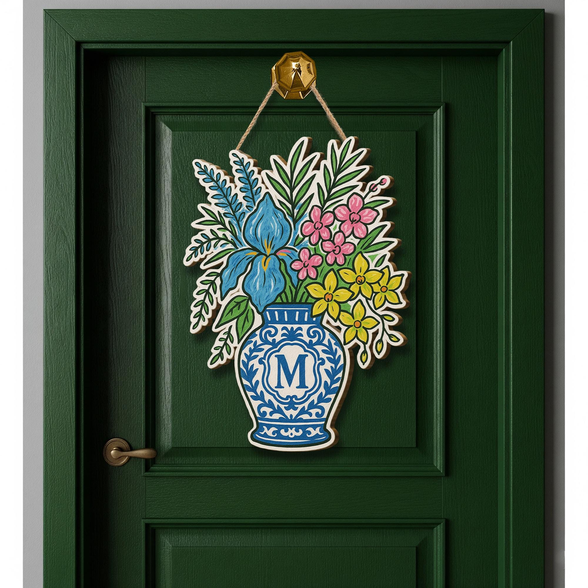 Personalized Floral Door Hanger | Monogram Blue Chinoiserie Vase Door Decor | Custom Spring Front Door Sign | Chinoiserie Style Welcome