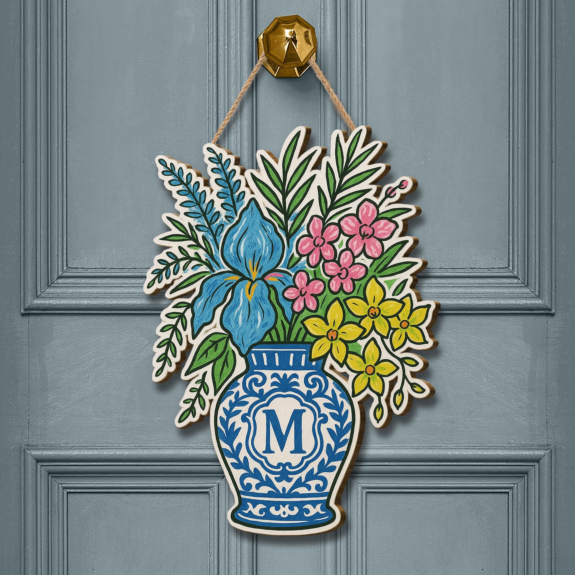 Personalized Floral Door Hanger | Monogram Blue Chinoiserie Vase Door Decor | Custom Spring Front Door Sign | Chinoiserie Style Welcome