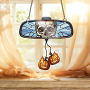 Skull Rearview Mirror Car Charm, Halloween Suncatcher with Flaming Pumpkins, Effect Car Accessory, Spooky Jack O' Lantern Decor