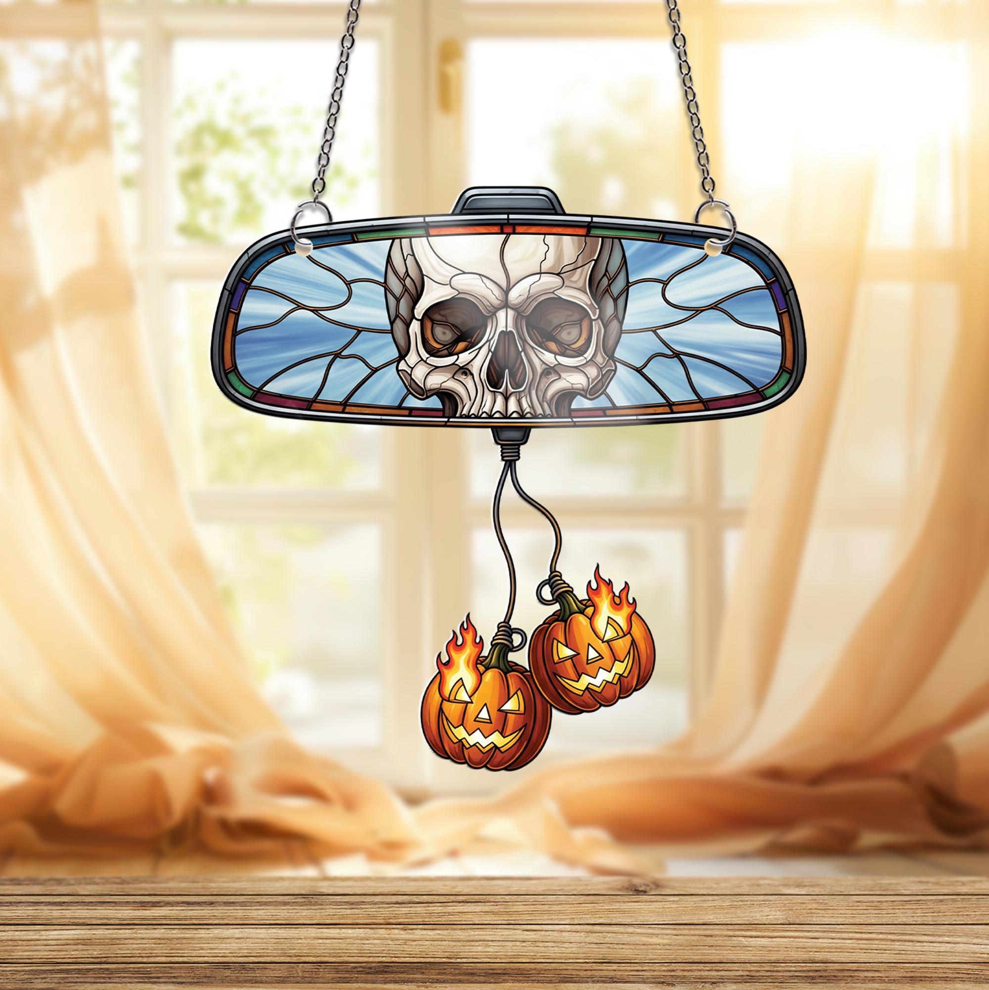 Skull Rearview Mirror Car Charm, Halloween Suncatcher with Flaming Pumpkins, Effect Car Accessory, Spooky Jack O' Lantern Decor