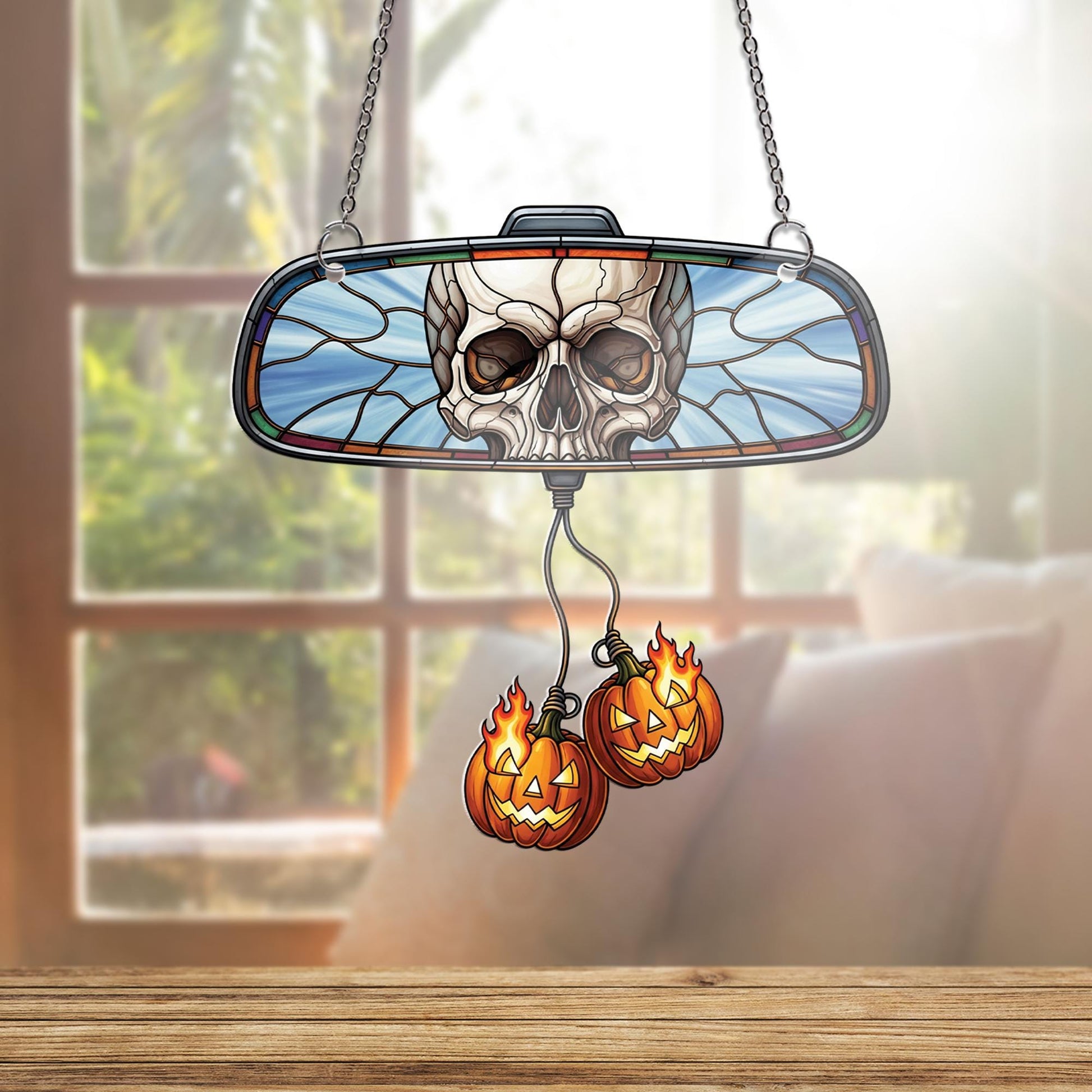 Skull Rearview Mirror Car Charm, Halloween Suncatcher with Flaming Pumpkins, Effect Car Accessory, Spooky Jack O' Lantern Decor