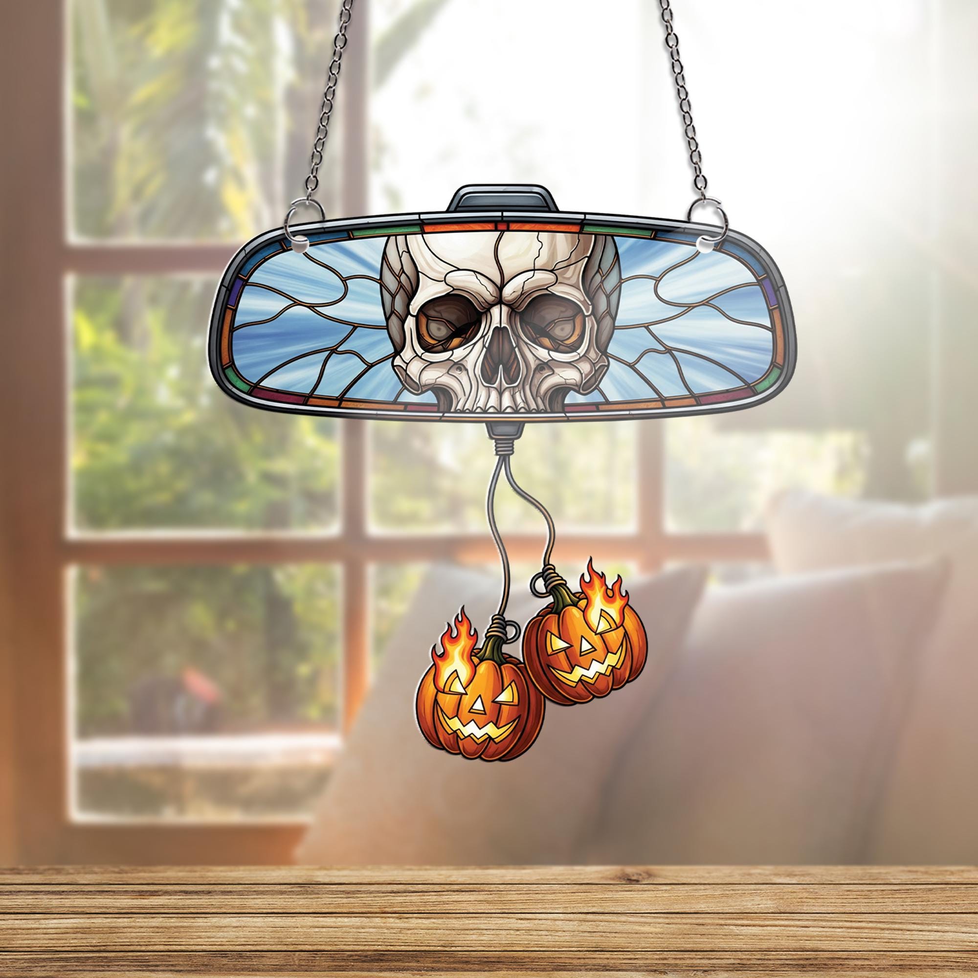 Skull Rearview Mirror Car Charm, Halloween Suncatcher with Flaming Pumpkins, Effect Car Accessory, Spooky Jack O' Lantern Decor