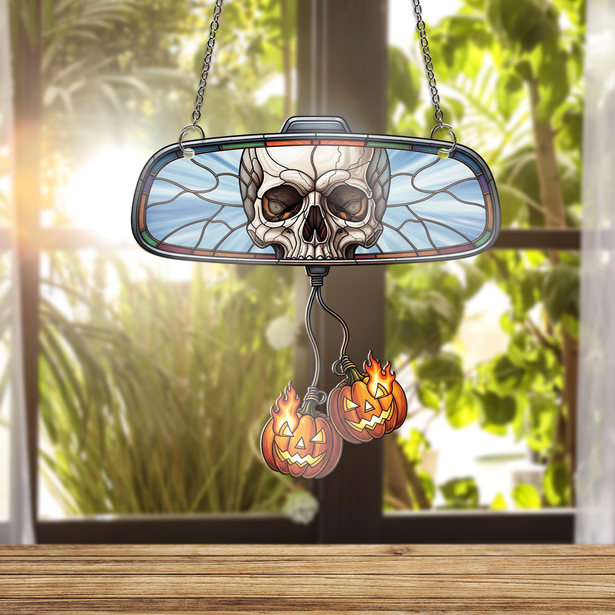 Skull Rearview Mirror Car Charm, Halloween Suncatcher with Flaming Pumpkins, Effect Car Accessory, Spooky Jack O' Lantern Decor