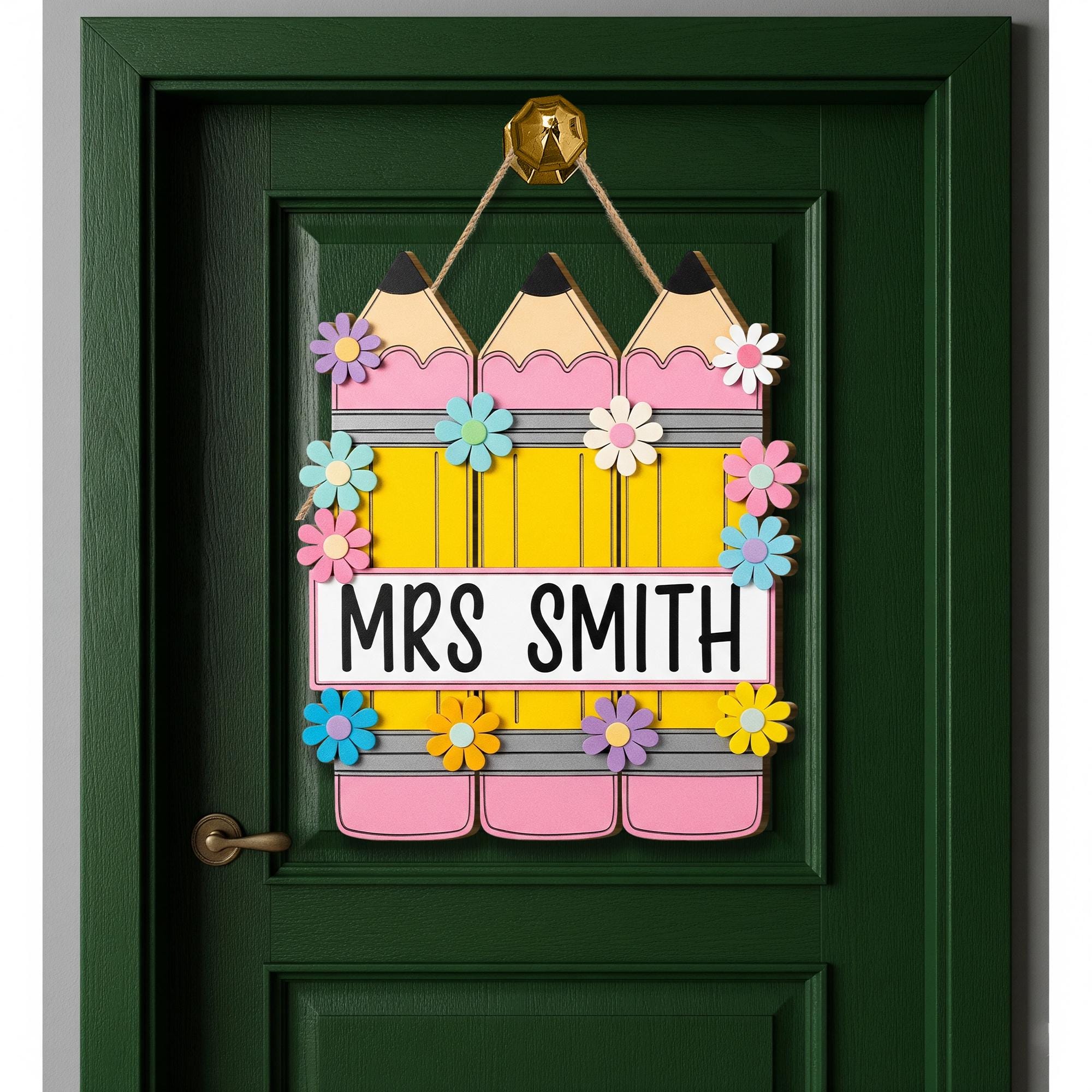 Personalized Teacher Door Sign – Custom Welcome Pencil, Flower Classroom Hanger with Name, Cute Back to School Decor for Educators, Teachers