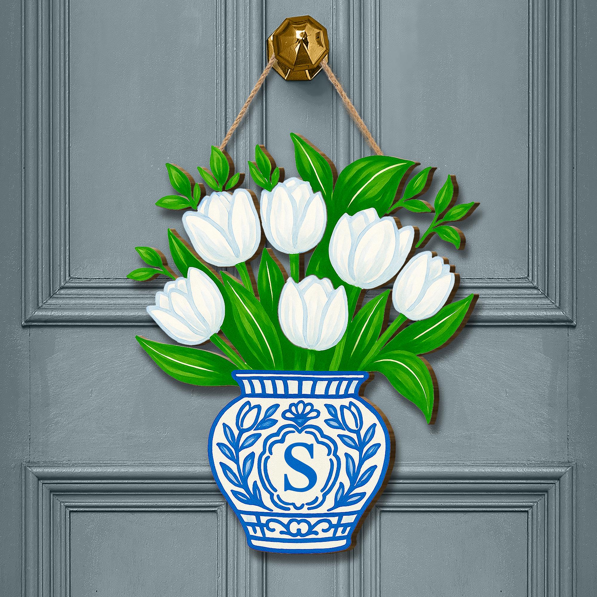 White Tulip Door Hanger | Monogram Chinoiserie Vase Spring Door Decor | Personalized Blue Vase Front Door Sign | Chinoiserie Entryway Accent