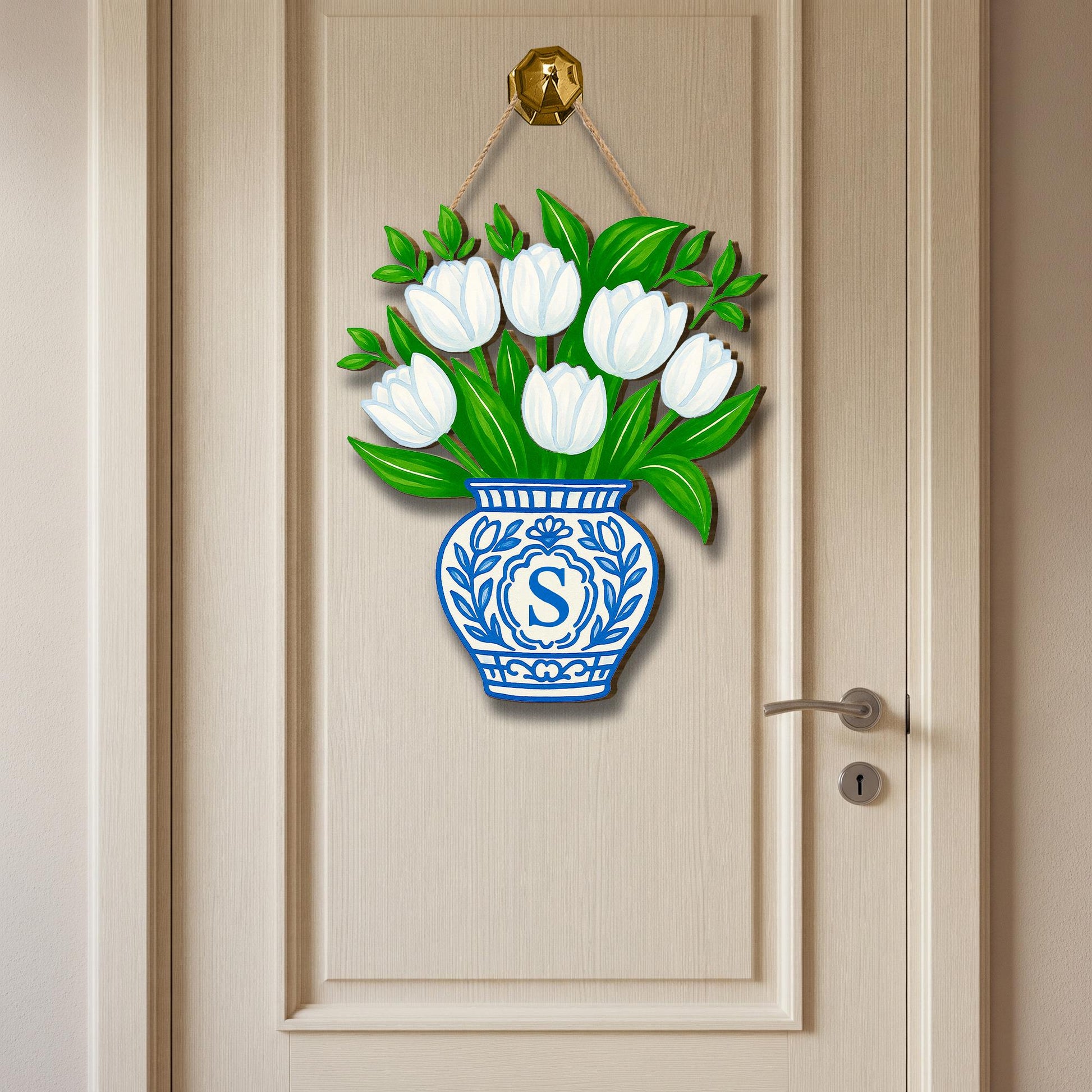 White Tulip Door Hanger | Monogram Chinoiserie Vase Spring Door Decor | Personalized Blue Vase Front Door Sign | Chinoiserie Entryway Accent