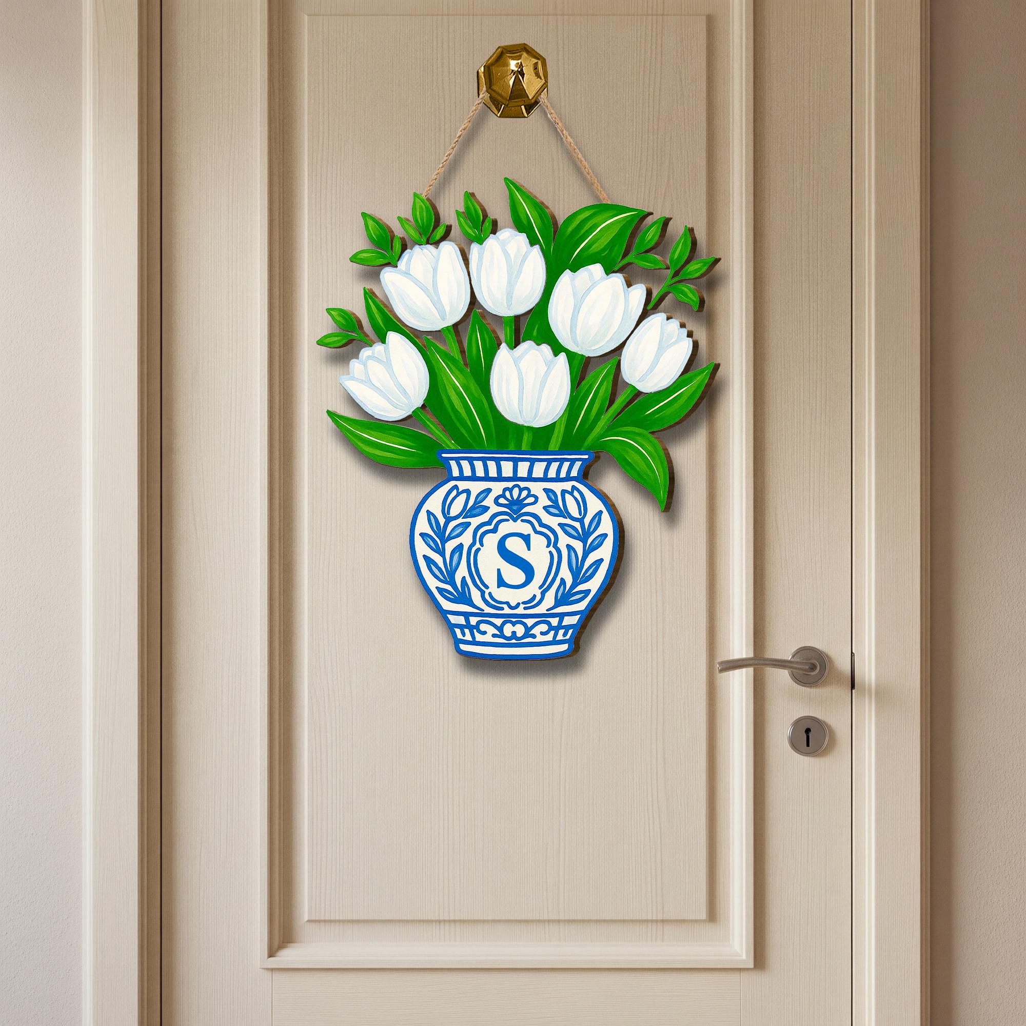 White Tulip Door Hanger | Monogram Chinoiserie Vase Spring Door Decor | Personalized Blue Vase Front Door Sign | Chinoiserie Entryway Accent