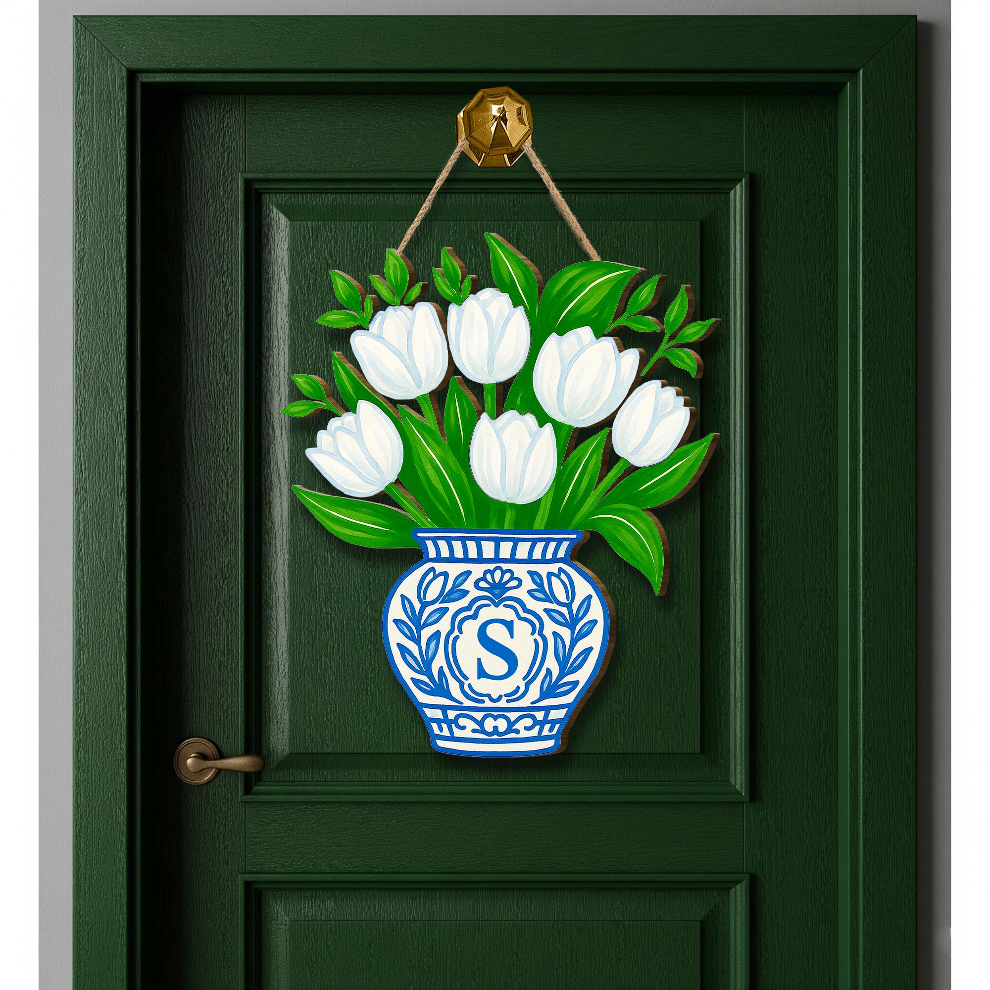White Tulip Door Hanger | Monogram Chinoiserie Vase Spring Door Decor | Personalized Blue Vase Front Door Sign | Chinoiserie Entryway Accent