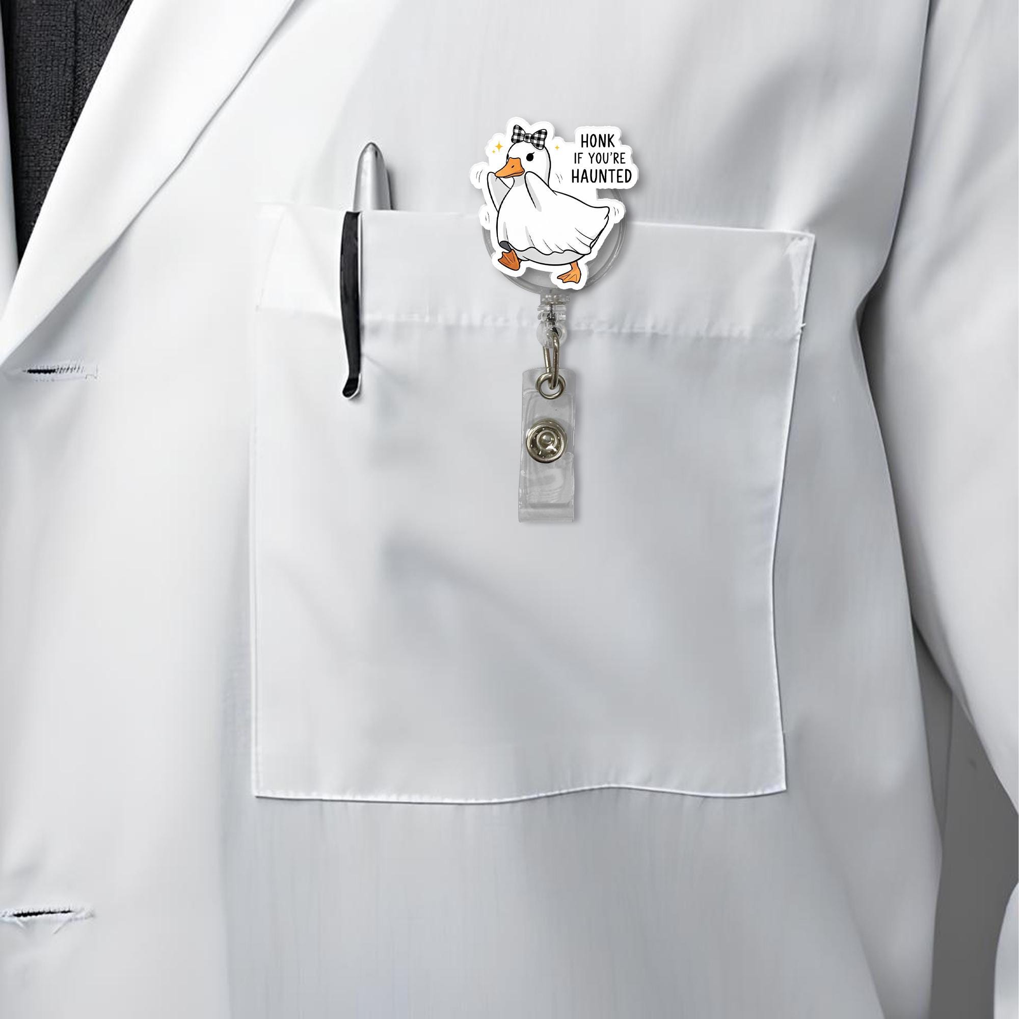 Honk If You're Haunted Badge Reel – Cute Halloween Goose ID Holder, Funny Nurse Badge Clip, Ghost Duck Gift for Spooky Season