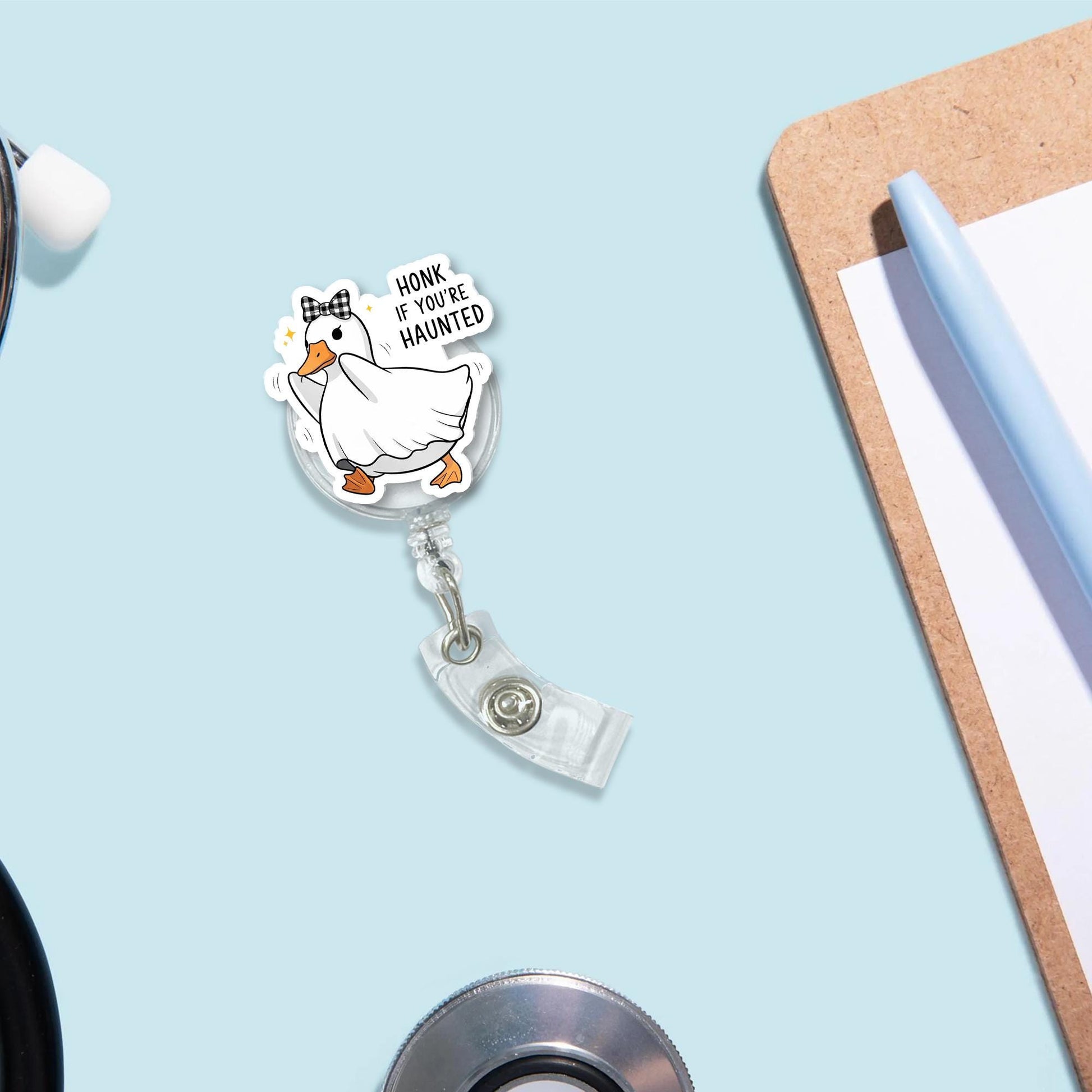 Honk If You're Haunted Badge Reel – Cute Halloween Goose ID Holder, Funny Nurse Badge Clip, Ghost Duck Gift for Spooky Season