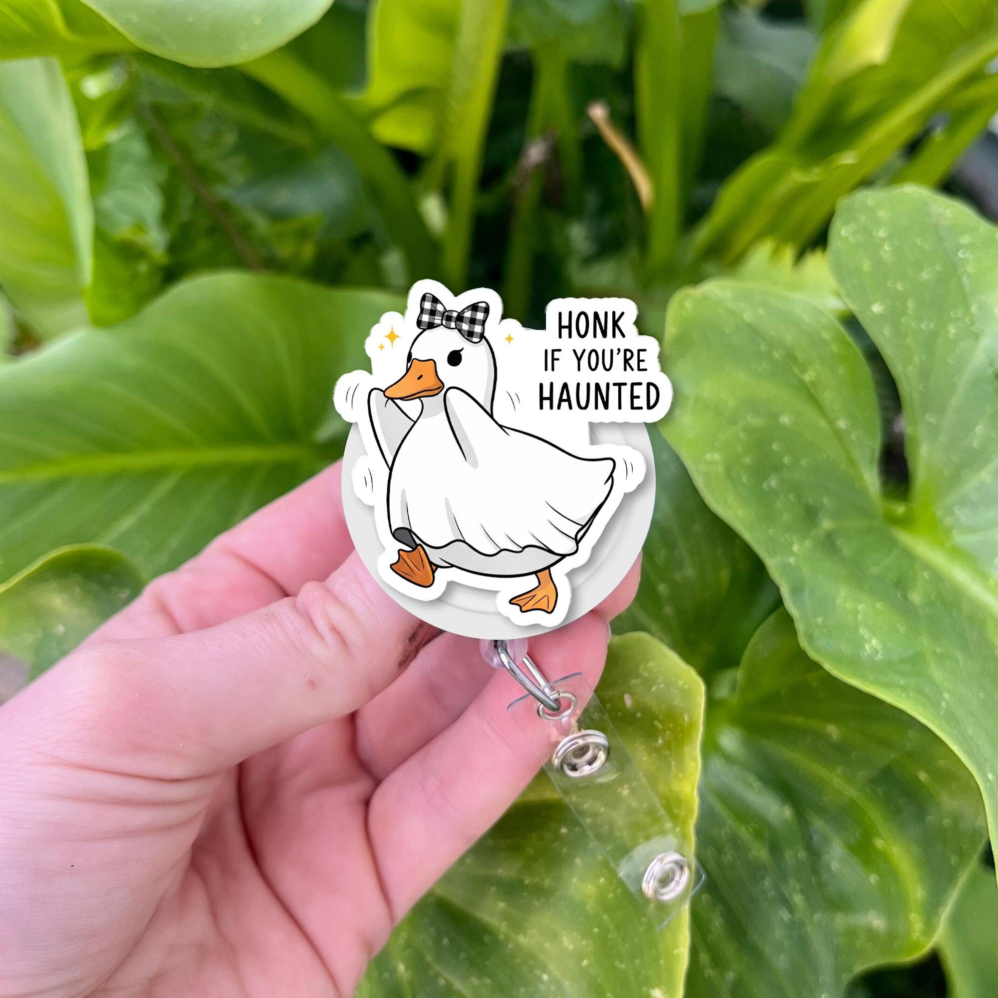 Honk If You're Haunted Badge Reel – Cute Halloween Goose ID Holder, Funny Nurse Badge Clip, Ghost Duck Gift for Spooky Season