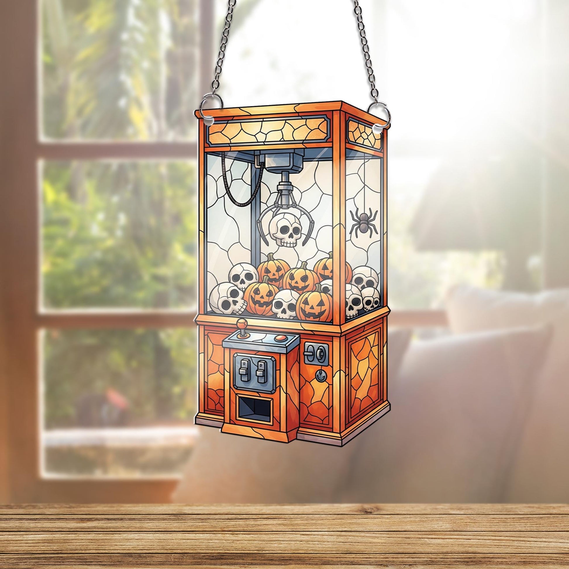 Halloween Claw Machine Ornament, Spooky Crane Game Ornament with Skulls, Stained Glass Effect Wall Art, Creepy Cute Game Room Decor