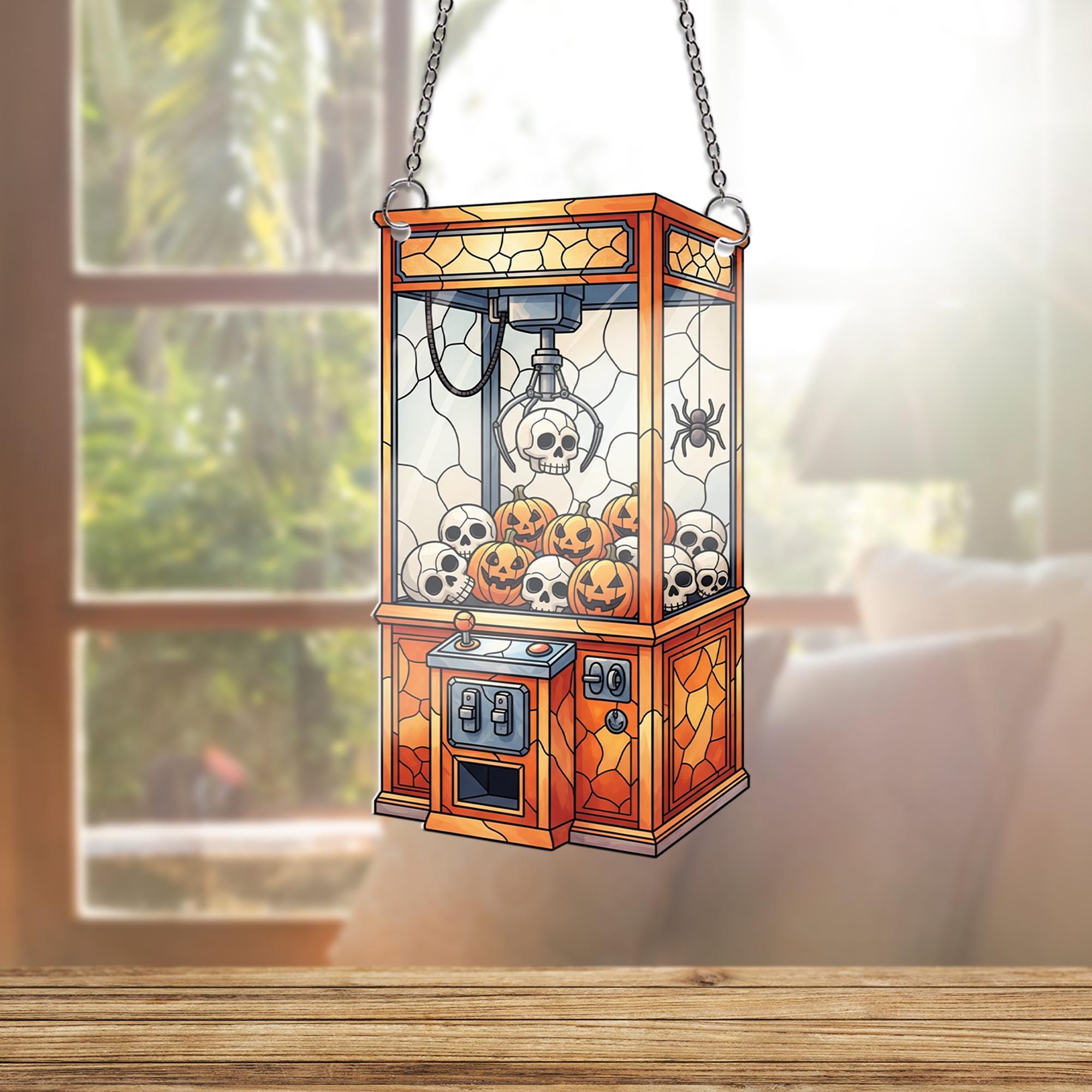 Halloween Claw Machine Ornament, Spooky Crane Game Ornament with Skulls, Stained Glass Effect Wall Art, Creepy Cute Game Room Decor