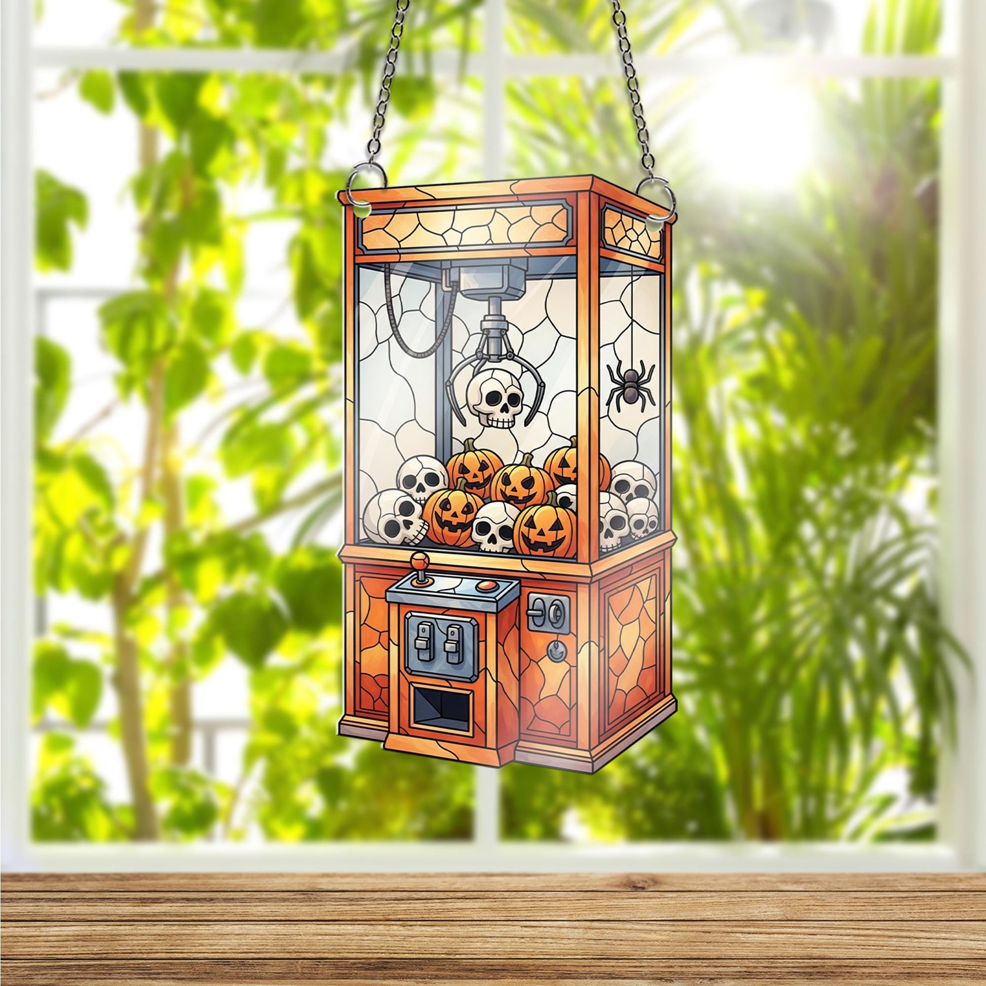 Halloween Claw Machine Ornament, Spooky Crane Game Ornament with Skulls, Stained Glass Effect Wall Art, Creepy Cute Game Room Decor