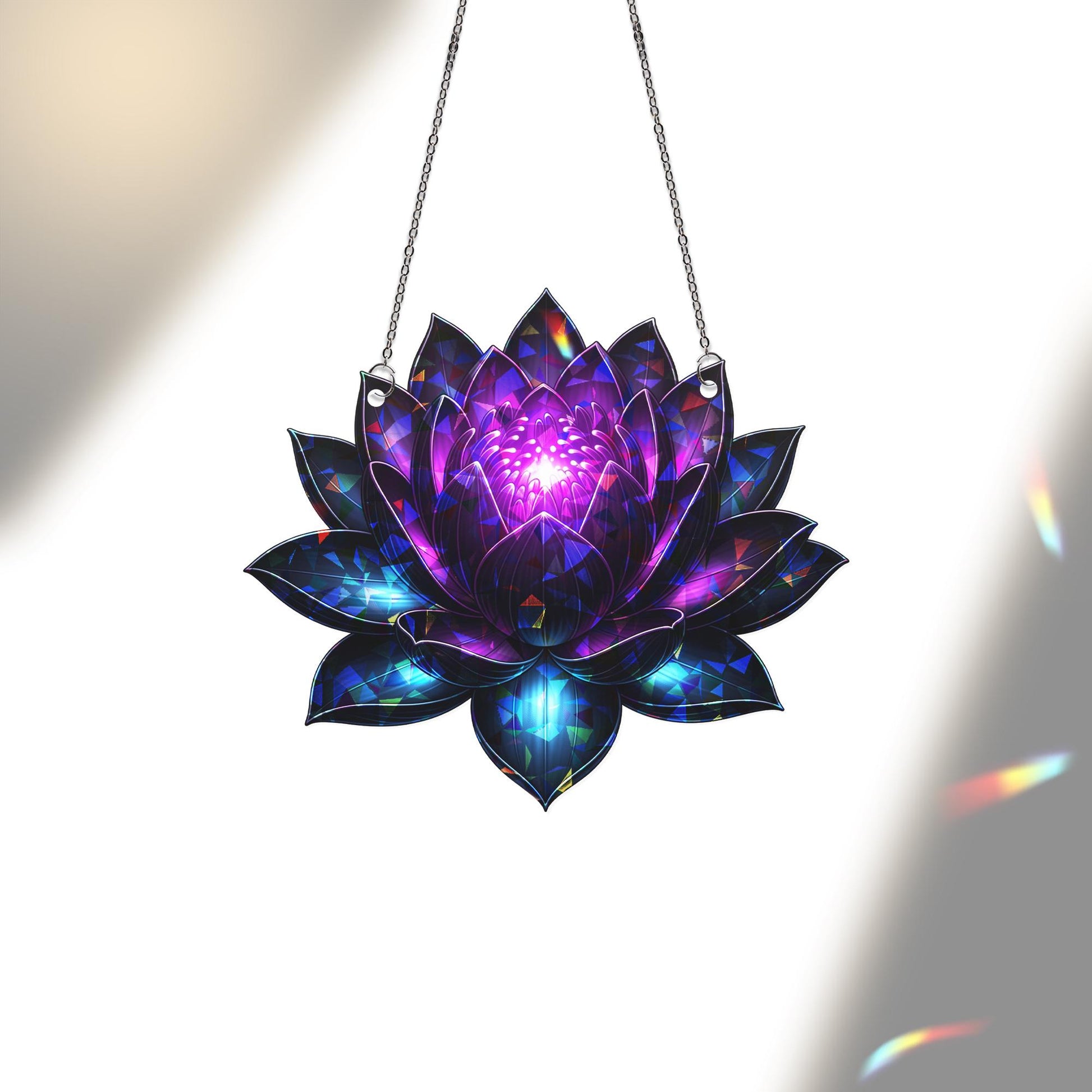Black Lotus Holographic Window Hanging – Iridescent Lotus Suncatcher, Boho Mystic Decor, Spiritual Gift for Home or Meditation Space