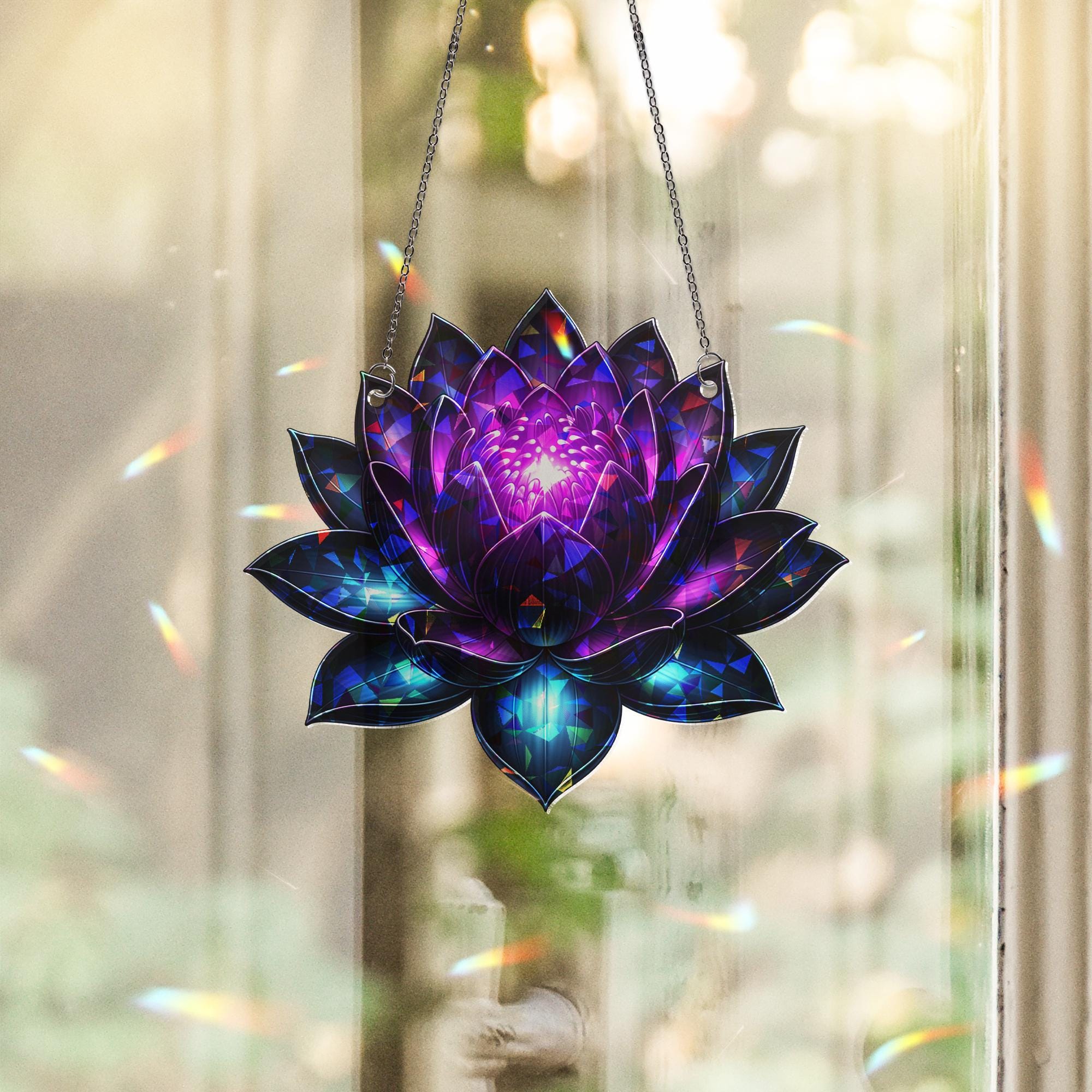 Black Lotus Holographic Window Hanging – Iridescent Lotus Suncatcher, Boho Mystic Decor, Spiritual Gift for Home or Meditation Space