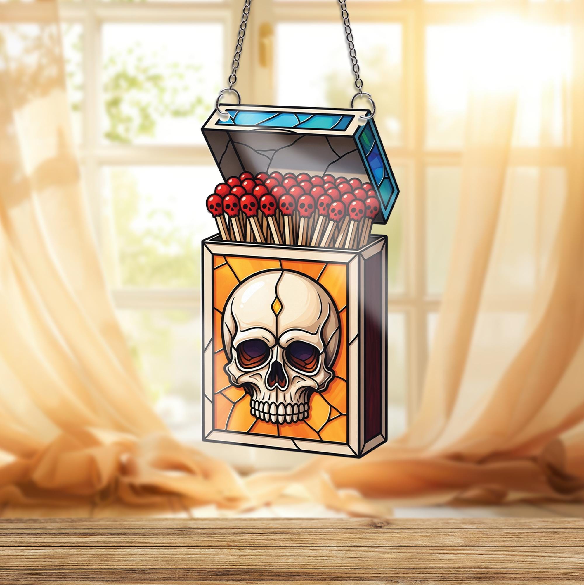 Skull Matchbox Ornament , Stained Glass Effect Gothic Art, Macabre Skull Match Ornament, Dark Academia Halloween Wall Decor