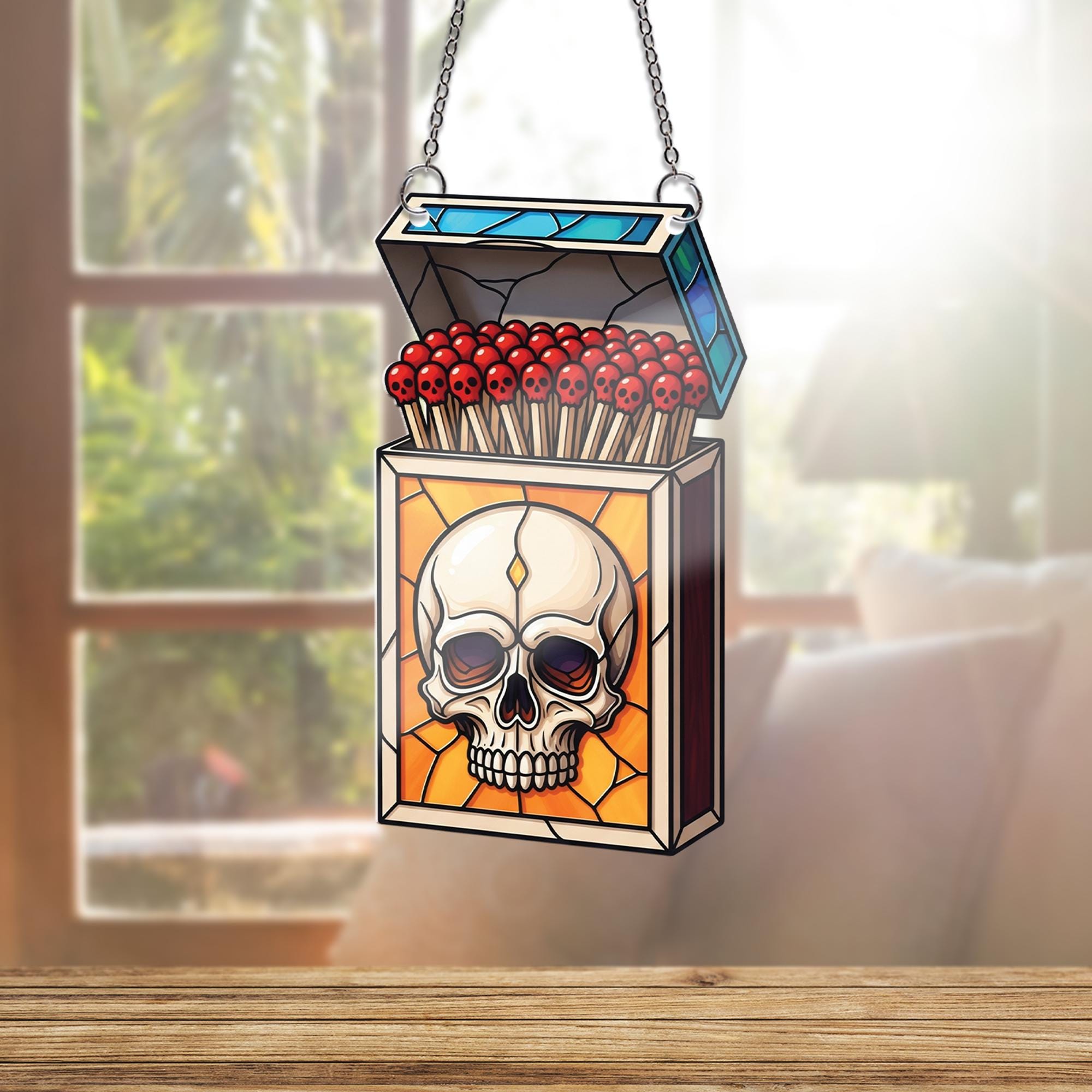 Skull Matchbox Ornament , Stained Glass Effect Gothic Art, Macabre Skull Match Ornament, Dark Academia Halloween Wall Decor