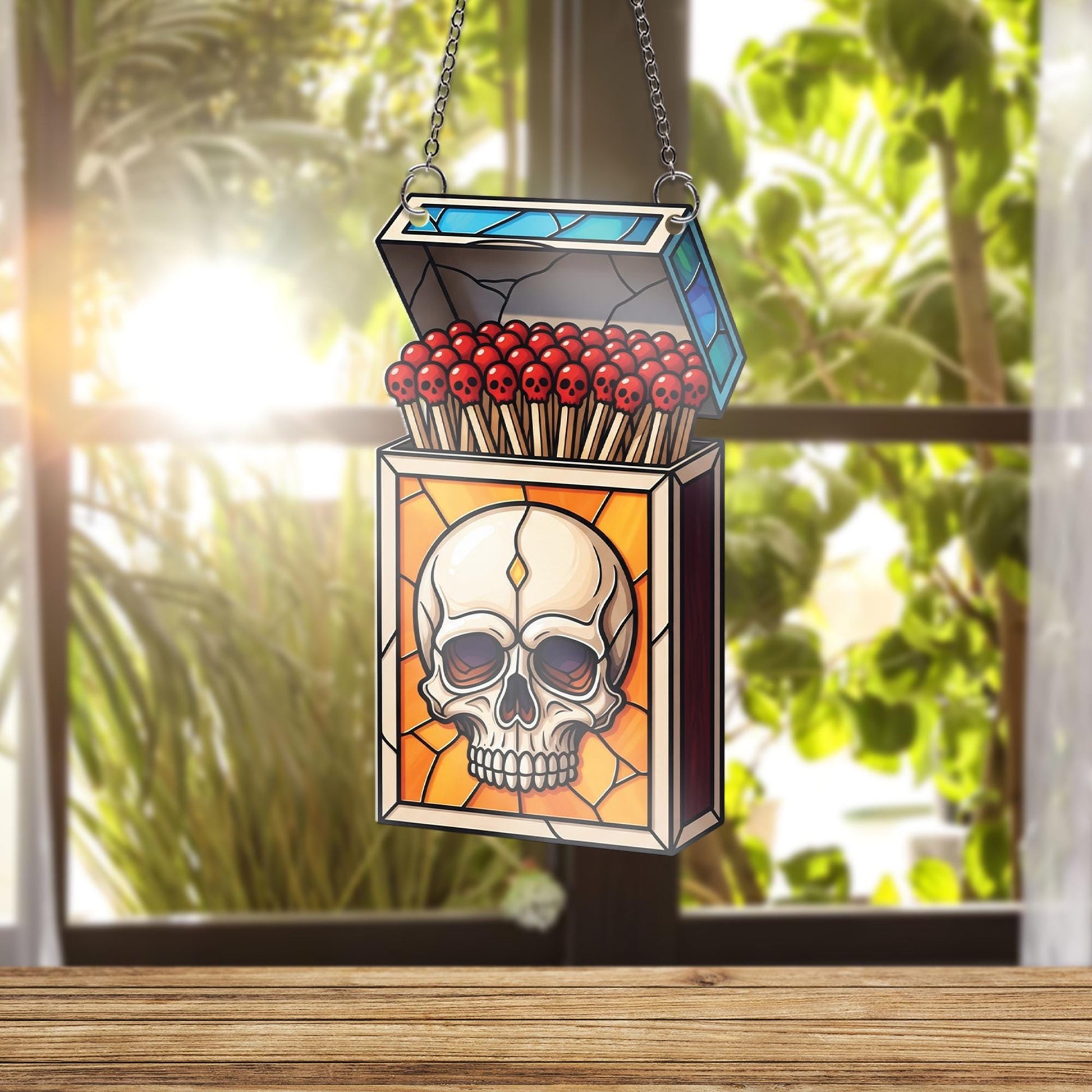 Skull Matchbox Ornament , Stained Glass Effect Gothic Art, Macabre Skull Match Ornament, Dark Academia Halloween Wall Decor
