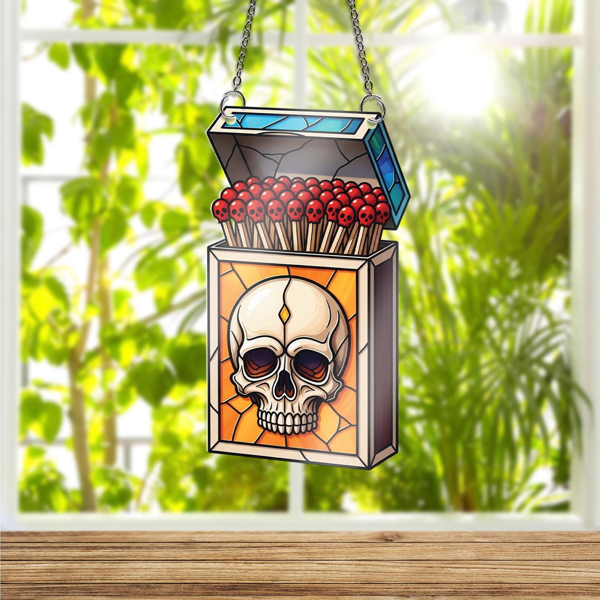 Skull Matchbox Ornament , Stained Glass Effect Gothic Art, Macabre Skull Match Ornament, Dark Academia Halloween Wall Decor
