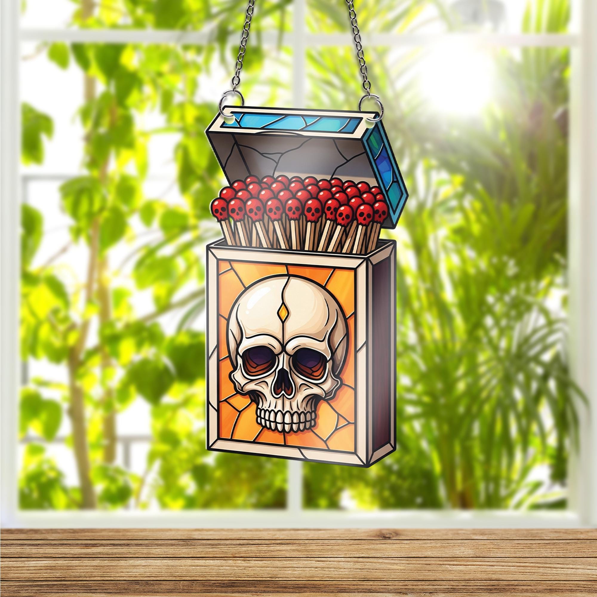 Skull Matchbox Ornament , Stained Glass Effect Gothic Art, Macabre Skull Match Ornament, Dark Academia Halloween Wall Decor