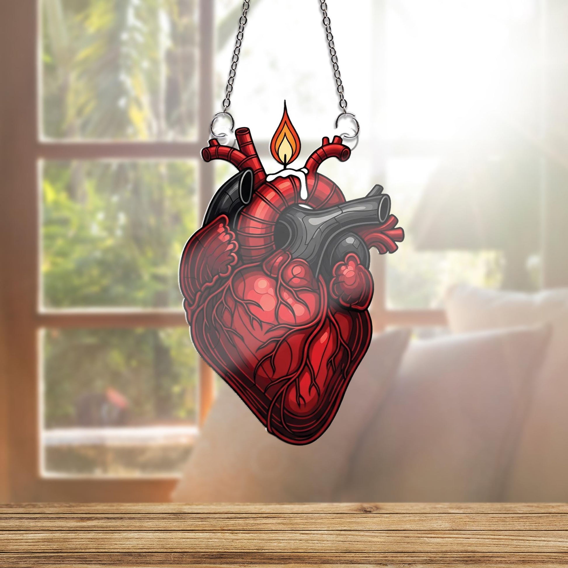 Anatomical Heart Candle Window Hanging – Gothic Suncatcher, Unique Medical Decor, Romantic Macabre Gift for Science and Art Lovers