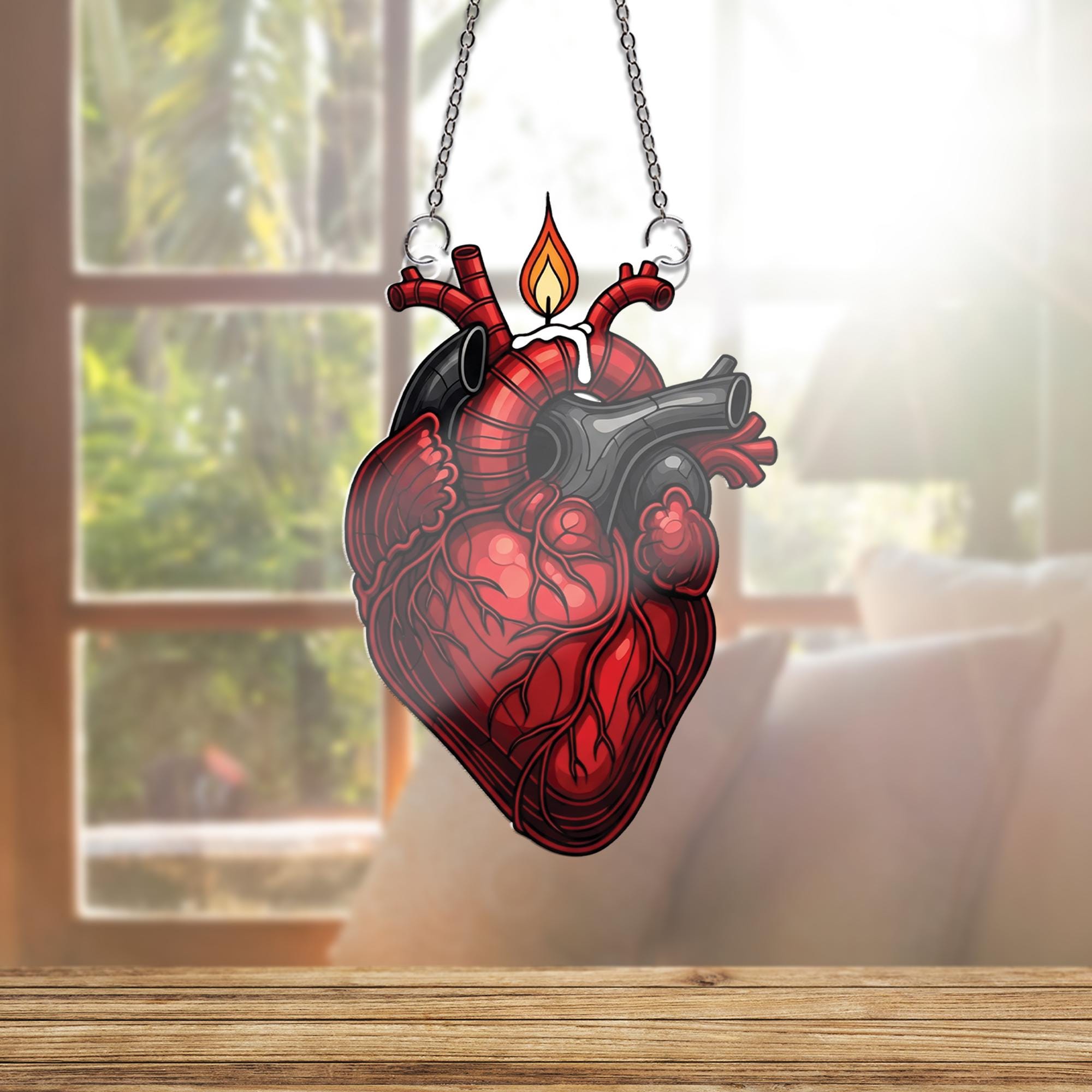 Anatomical Heart Candle Window Hanging – Gothic Suncatcher, Unique Medical Decor, Romantic Macabre Gift for Science and Art Lovers