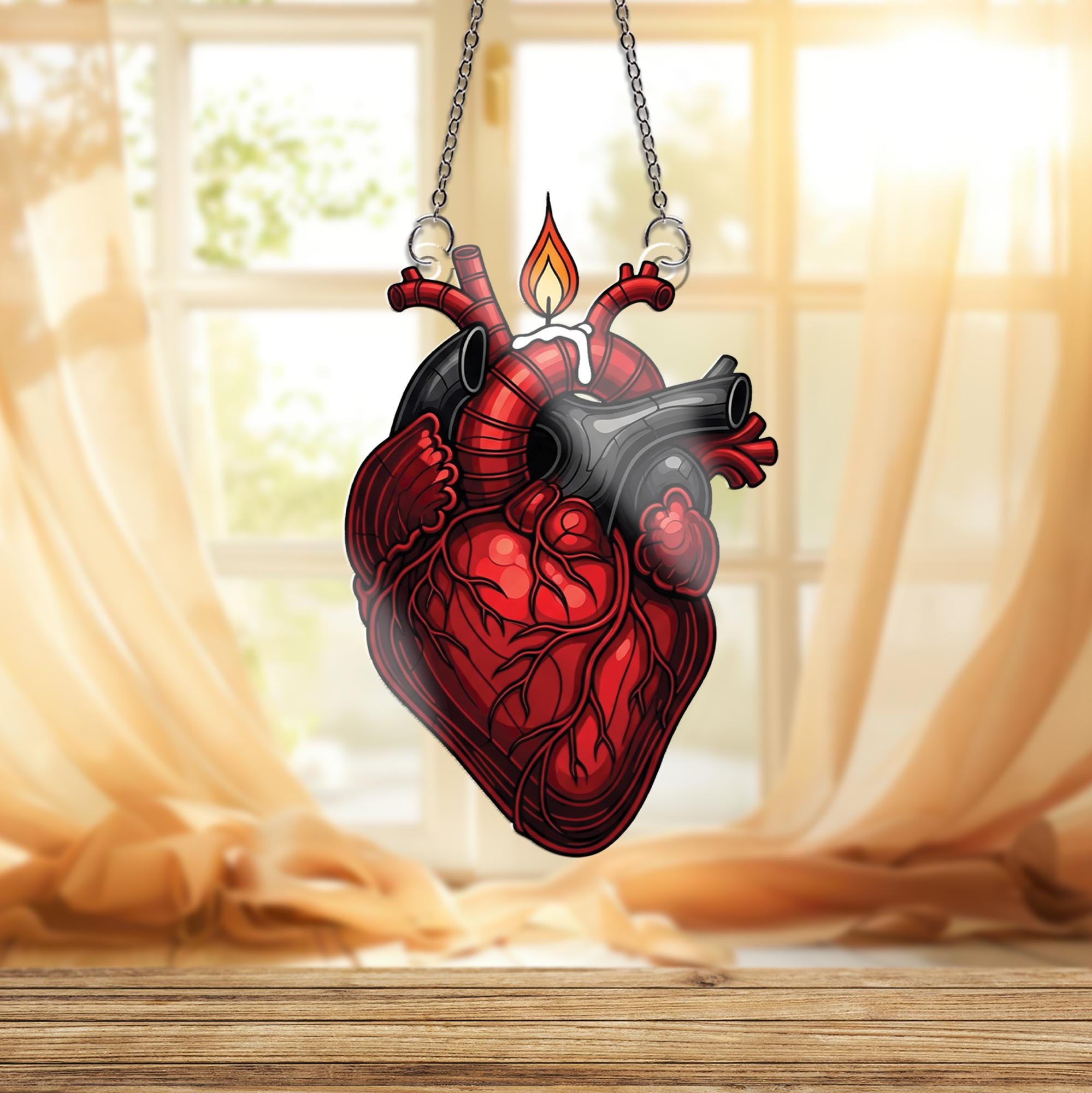 Anatomical Heart Candle Window Hanging – Gothic Suncatcher, Unique Medical Decor, Romantic Macabre Gift for Science and Art Lovers