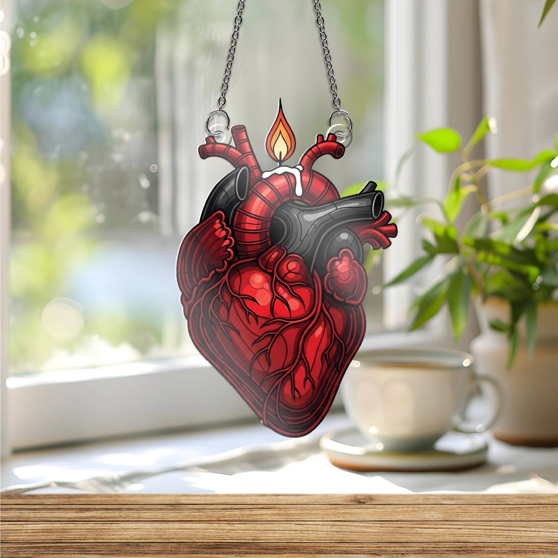 Anatomical Heart Candle Window Hanging – Gothic Suncatcher, Unique Medical Decor, Romantic Macabre Gift for Science and Art Lovers