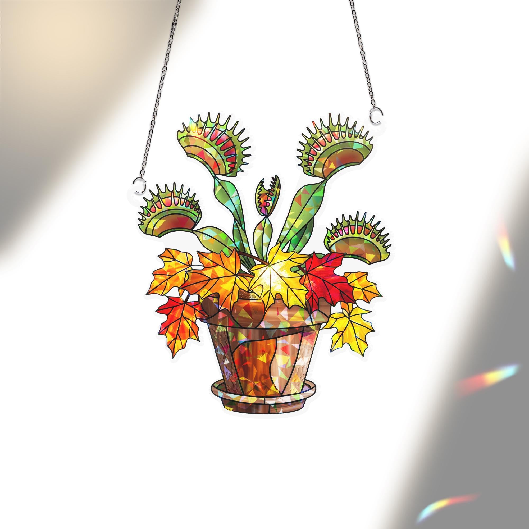 Venus Flytrap Autumn Hologram Window Hanging – Colorful Fall Plant Suncatcher, Unique Carnivorous Decor, Creepy Cute Halloween Gift